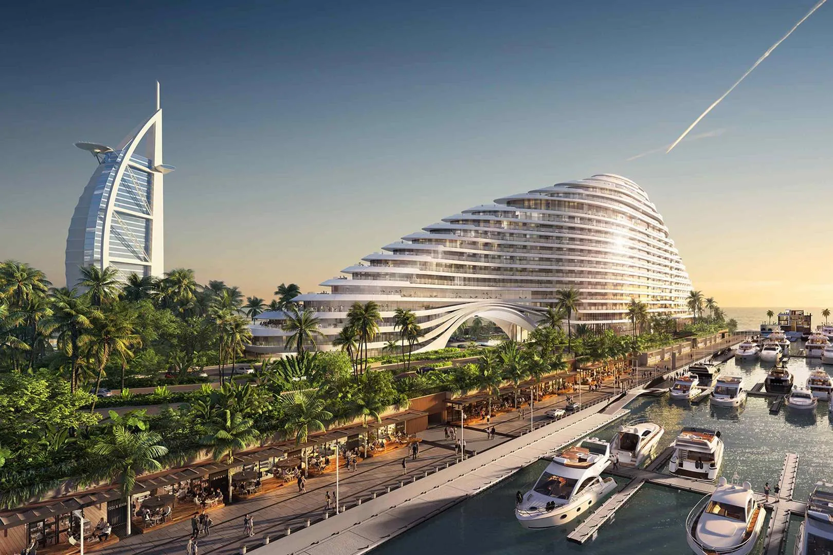 The Jumeirah Marsa Al Arab,&nbsp;shaped to resemble a superyacht, on the right, is coming from the Jumeirah Group, the hotelier behind the storied&nbsp;Burj Al Arab, on the left,&nbsp;in Dubai.&nbsp;