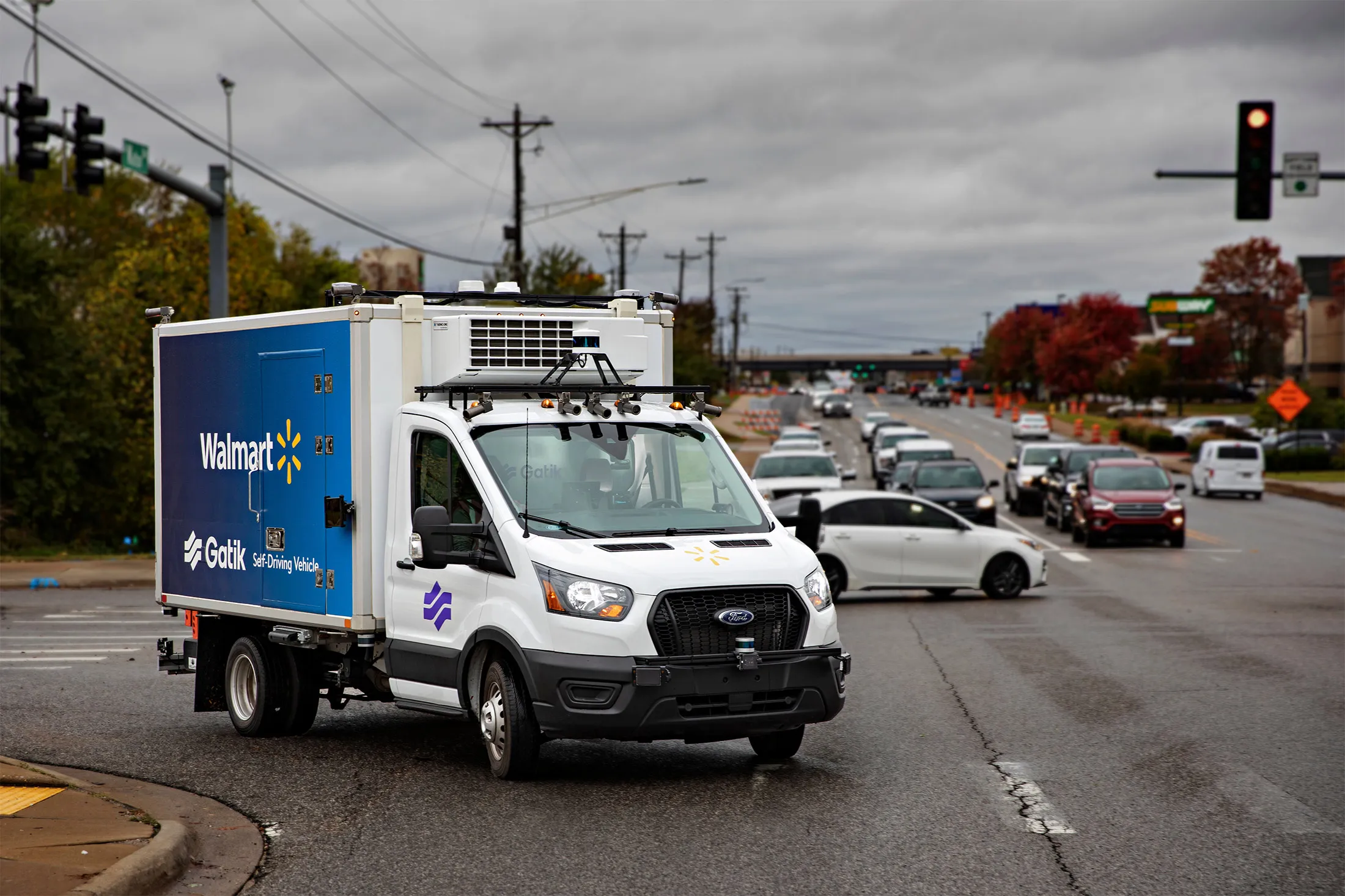 A Gatik self-driving delivery truck in Bentonville, Ark.