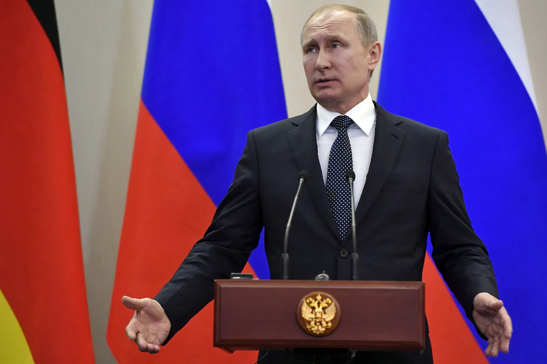 Vladimir Putin speaks during a joint press conference with Angela Merkel in Sochi, Russia, on May 2, 2017.
