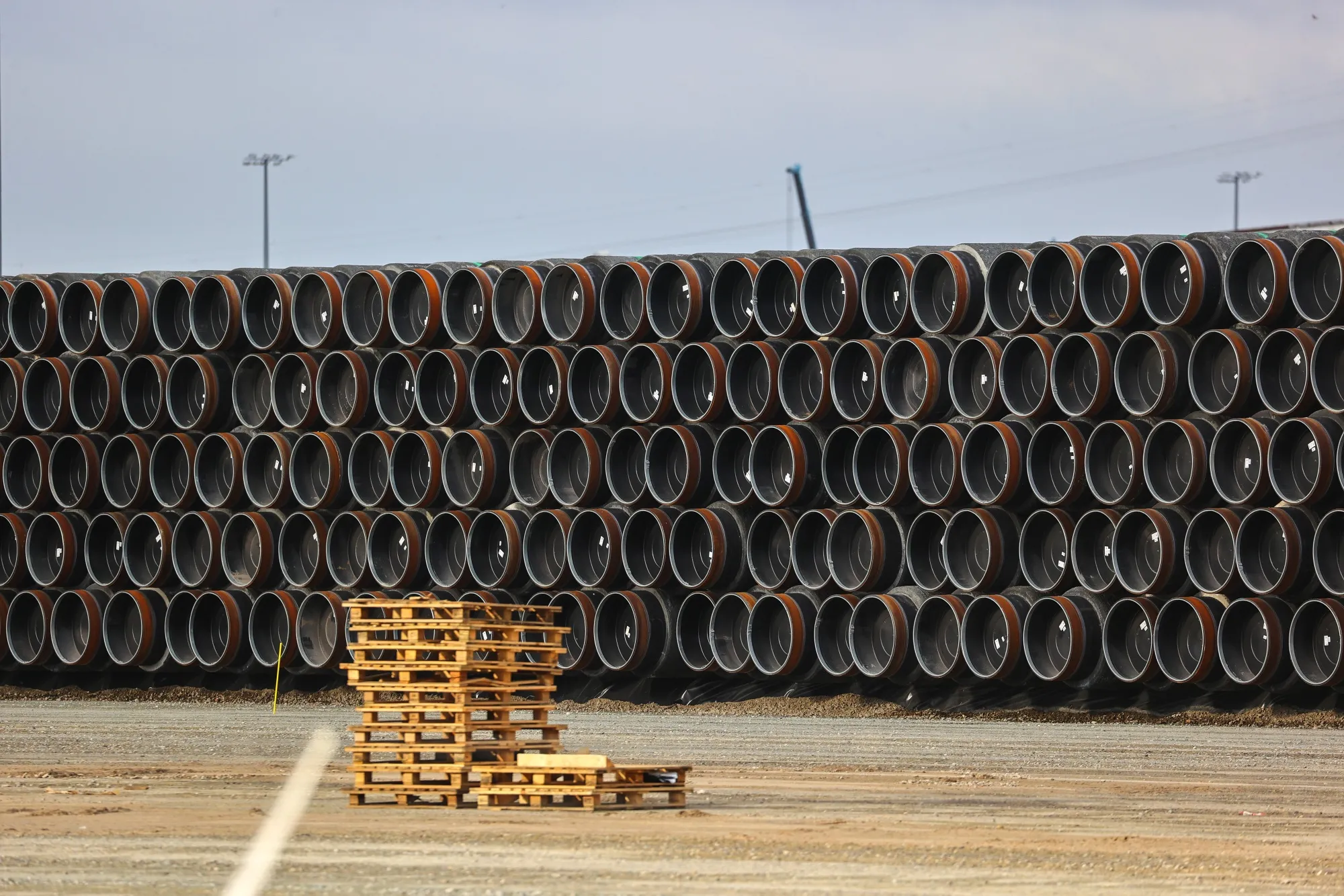Sections of steel pipes stacked in rows in Germany. Photograph: Alex Kraus/Bloomberg