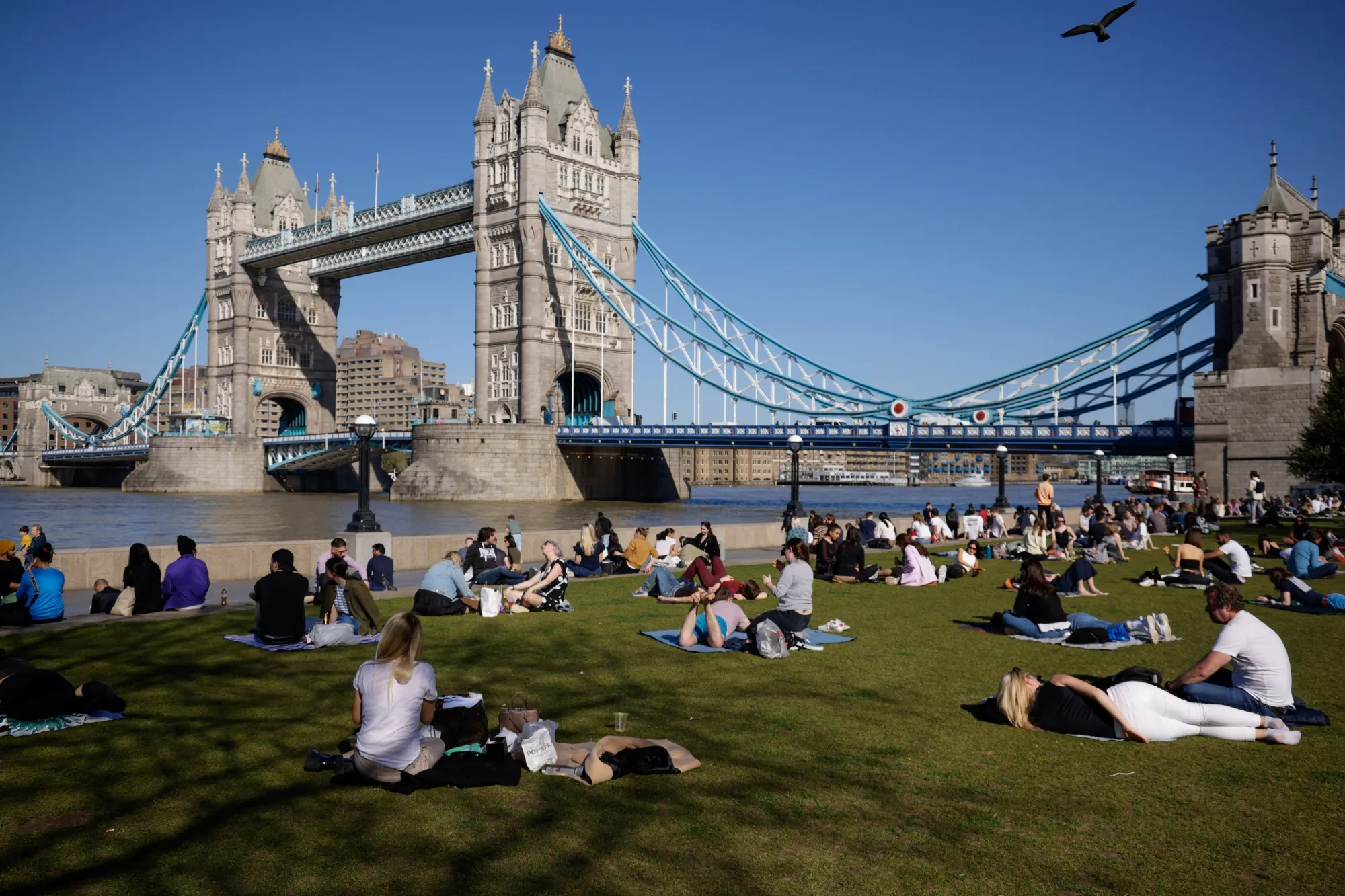 A park on the south bank of the River Thames in view of Tower Bridge in London.