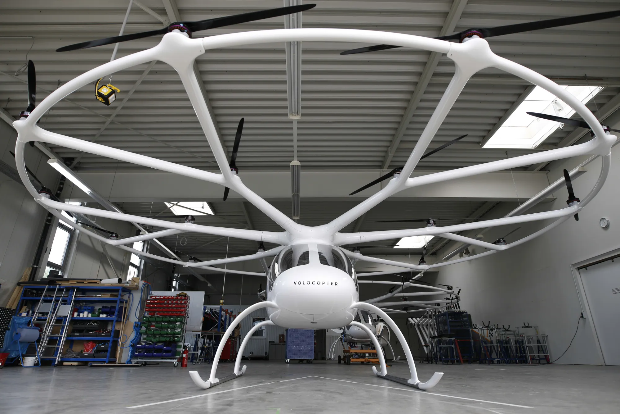 A Volocopter 2X multirotor electric helicopter.