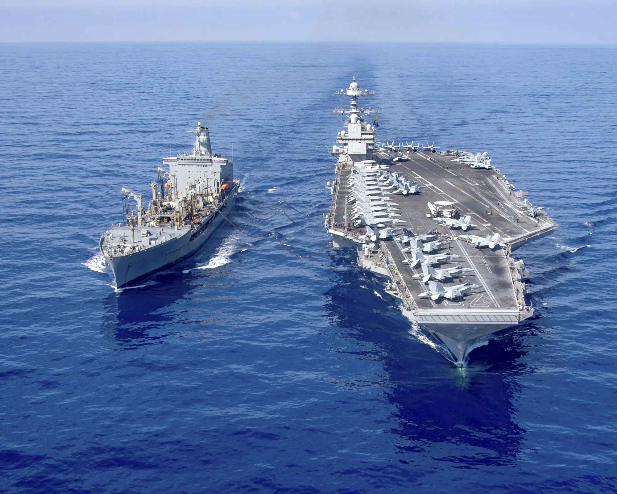 USS Gerald R. Ford aircraft carrier refuels from the underway replenishment oiler USNS Laramie in the eastern Mediterranean Sea, Oct. 11.