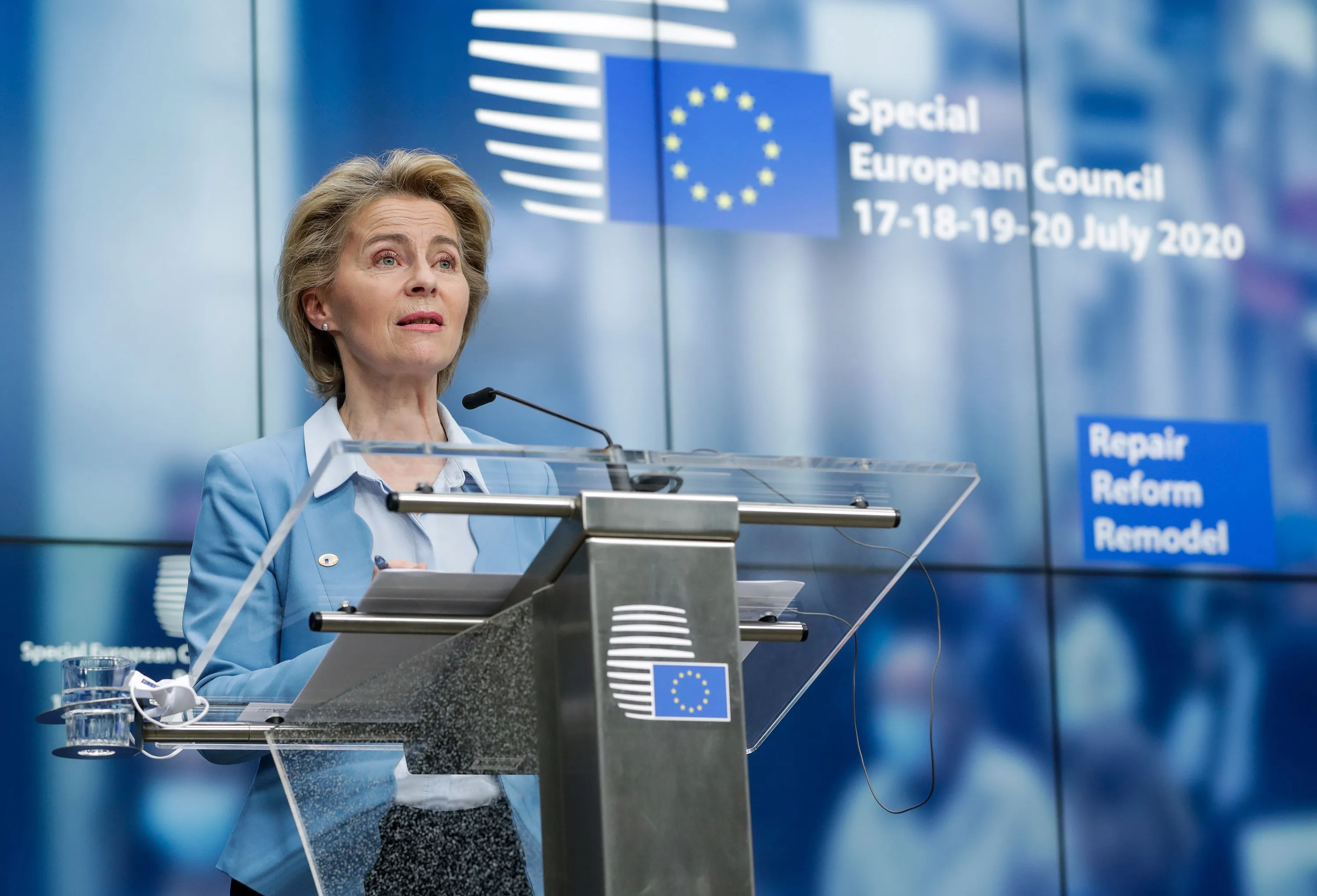 Ursula Von Der Leyen speaks during a news conference following a four day&nbsp;European summit at the European Council in Brussels,&nbsp;on July 21.