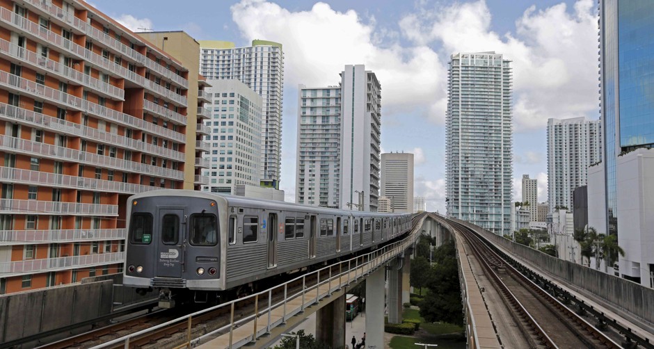Miami's Metrorail train in downtown Miami, Florida. 
