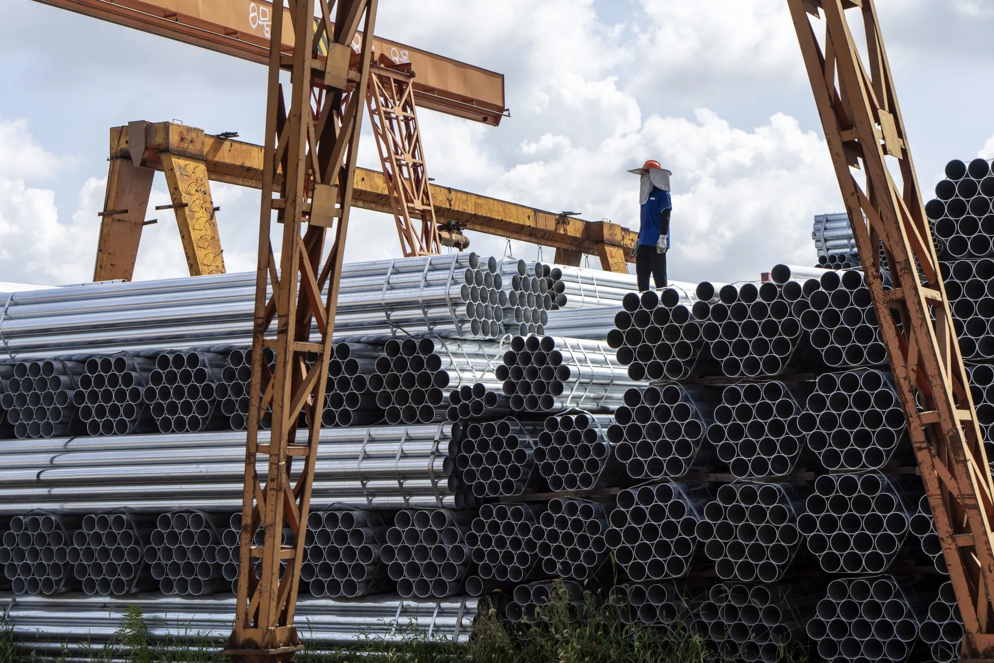Bundles of steel tubes at a trading market in the outskirts of Shanghai.