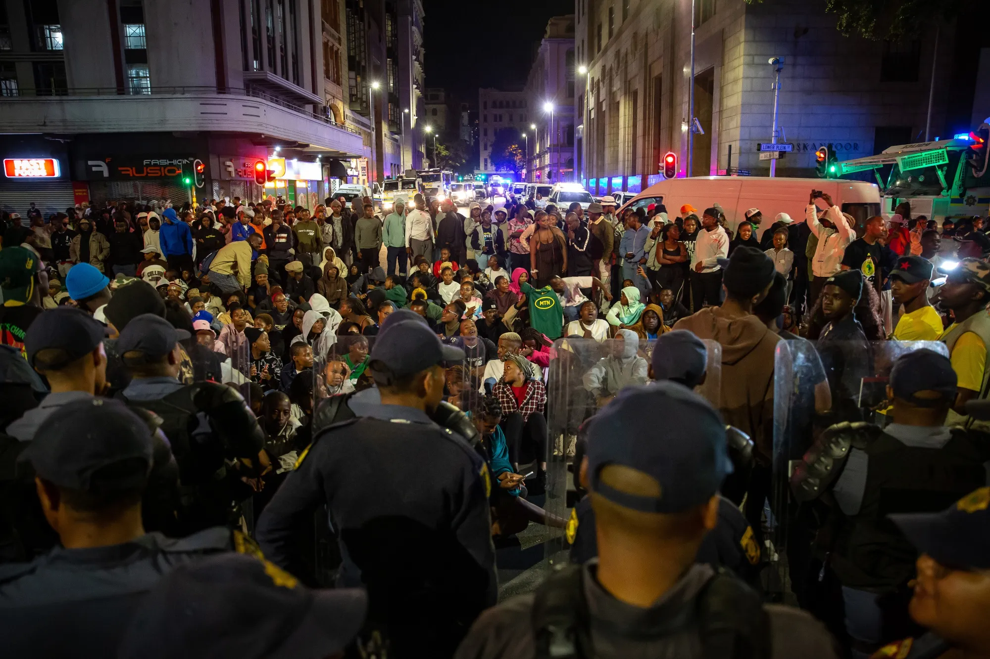 Students protest outside City Hall where South African President Cyril Ramaphosa delivered his state-of-the-nation address in Cape Town on Feb. 12.