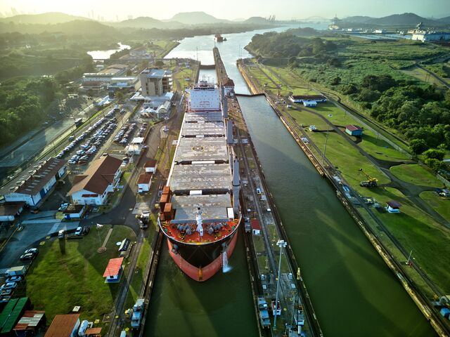 A ship is crossing the Panama Canal.