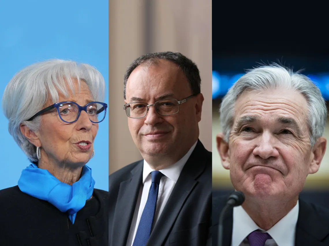 From left, the ECB’s Christine Lagarde, the BOE’s Andrew Bailey and Jerome Powell of the Fed.