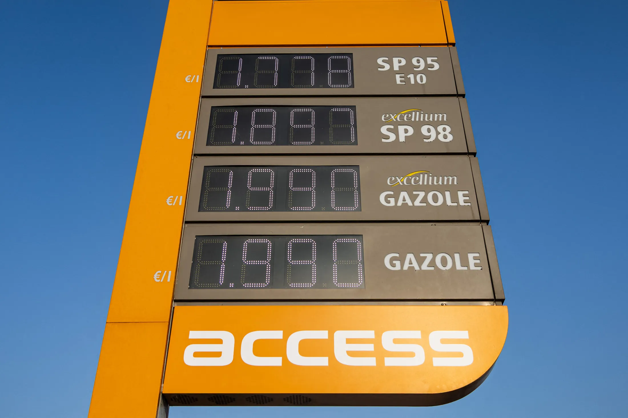 Prices at a petrol station in Saint-Leonard, northern France, on March 9.