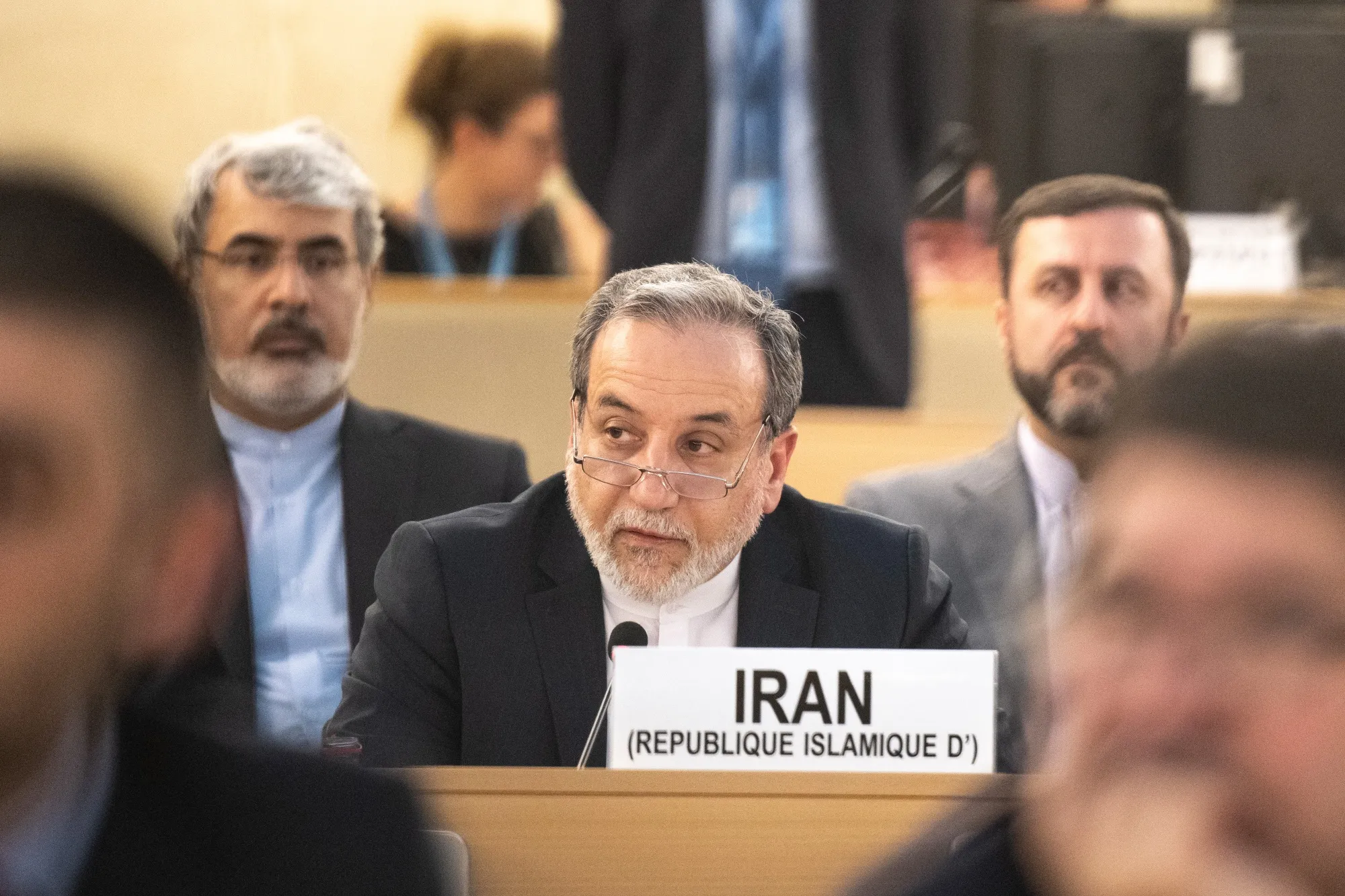 Abbas Araghchi, Iran's foreign minister (center), flanked by ambassador to the UN in Geneva Ali Bahreini (left) during a news conference on June 20.