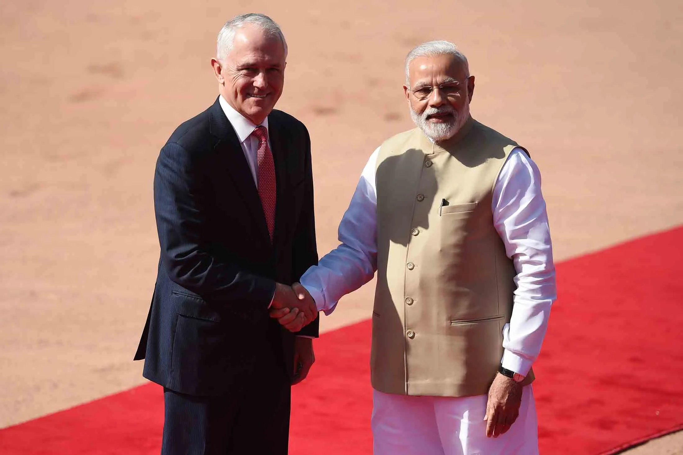Indian Prime Minister Narendra Modi, right, shakes hands with Australian Prime Minister Malcolm Turnbull, in New Delhi, India, on April 10.
