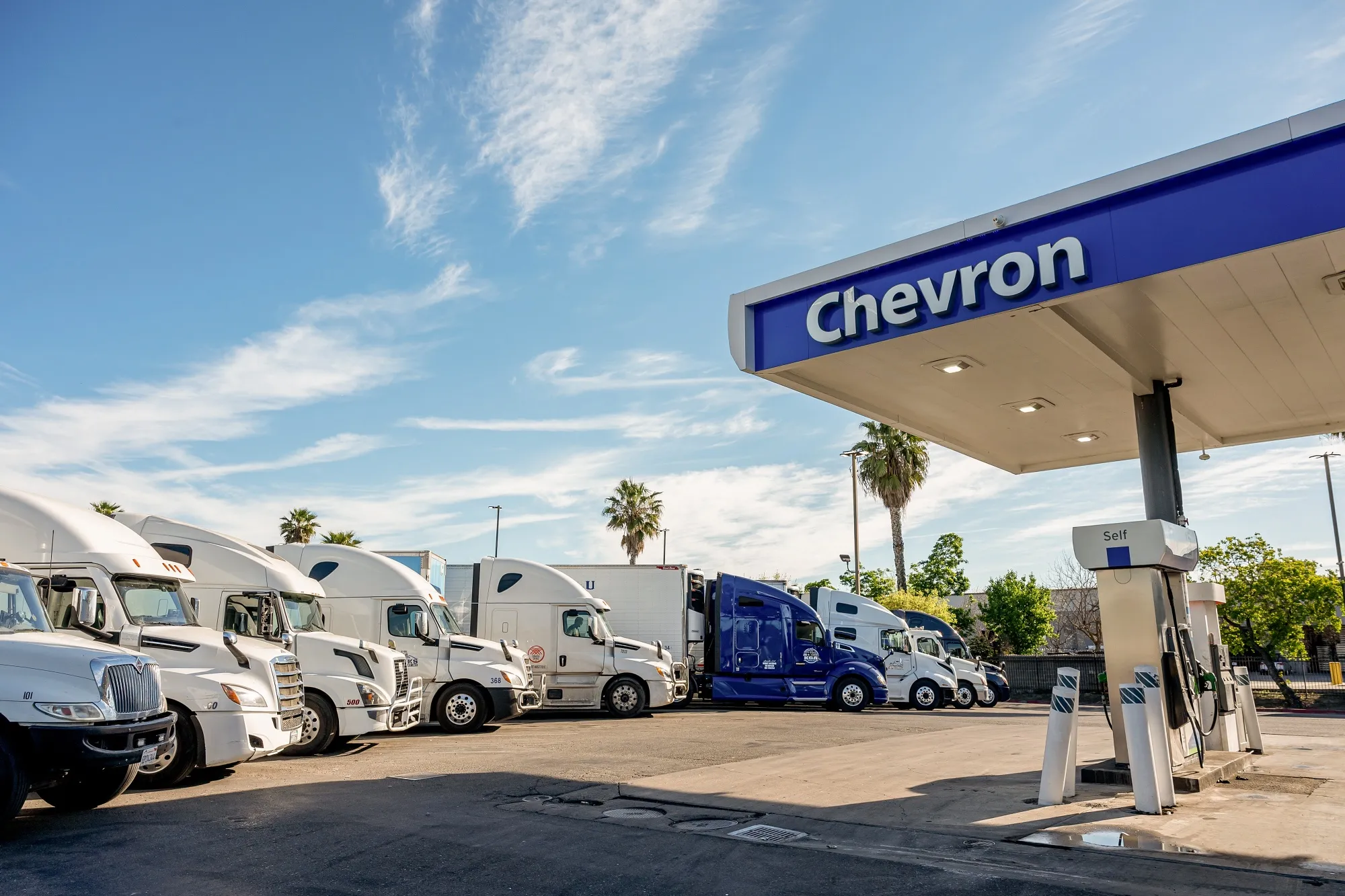 Tractor trailers at a Chevron truck stop in Tracy, California.