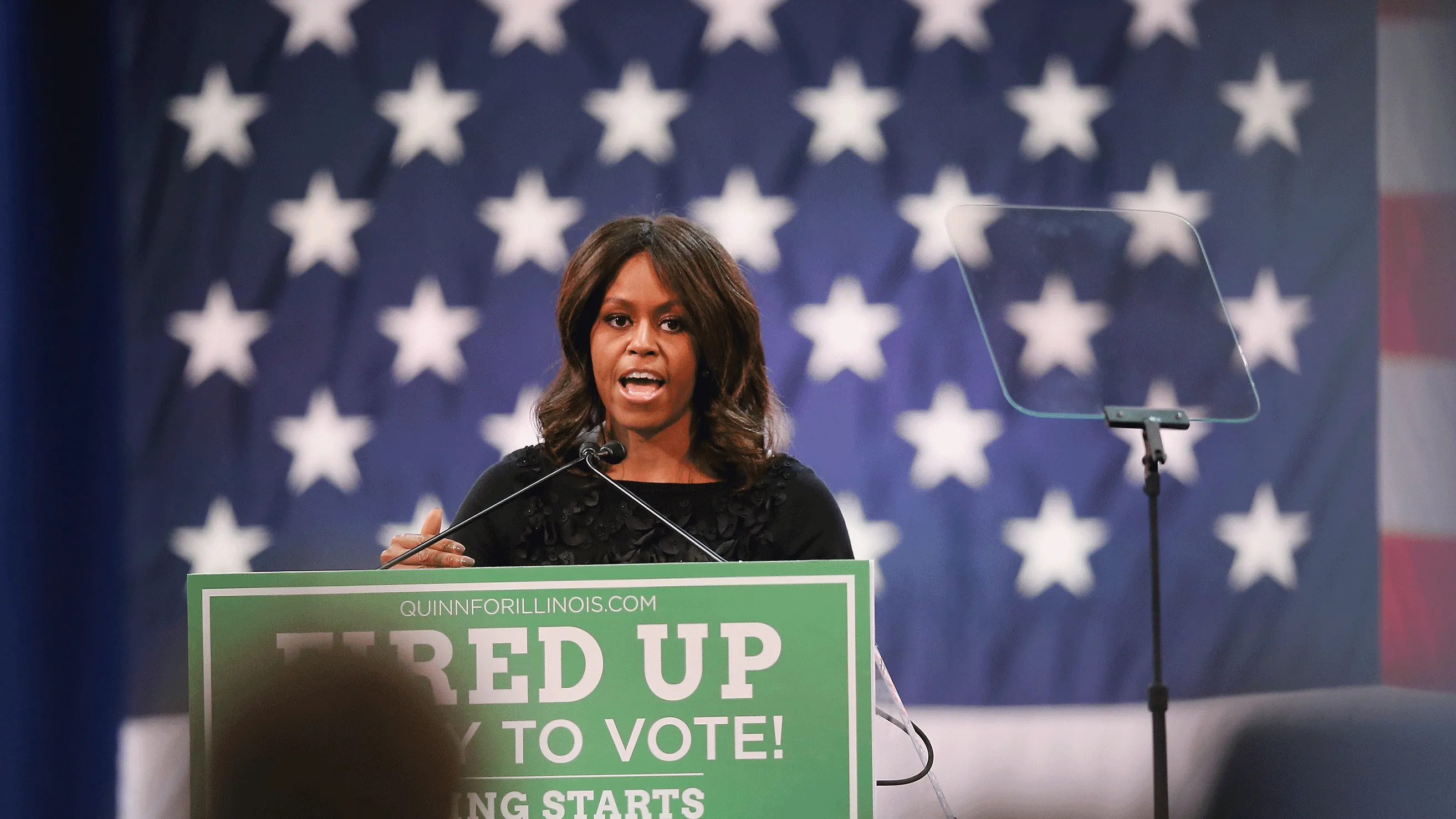 : First lady Michelle Obama speaks during a campaign event for Illinois Governor Pat Quinn at the University of Illinois Chicago on October 7, 2014 in Chicago, Illinois. Quinn, a democrat, is in a tight race with his republican contender, businessman Bruce Rauner. Quinn has been governor of Illinois since 2009 when, as Lieutenant Governor, he was appointed to the office following the impeachment and later imprisonment of former governor Rod Blagojevich.
