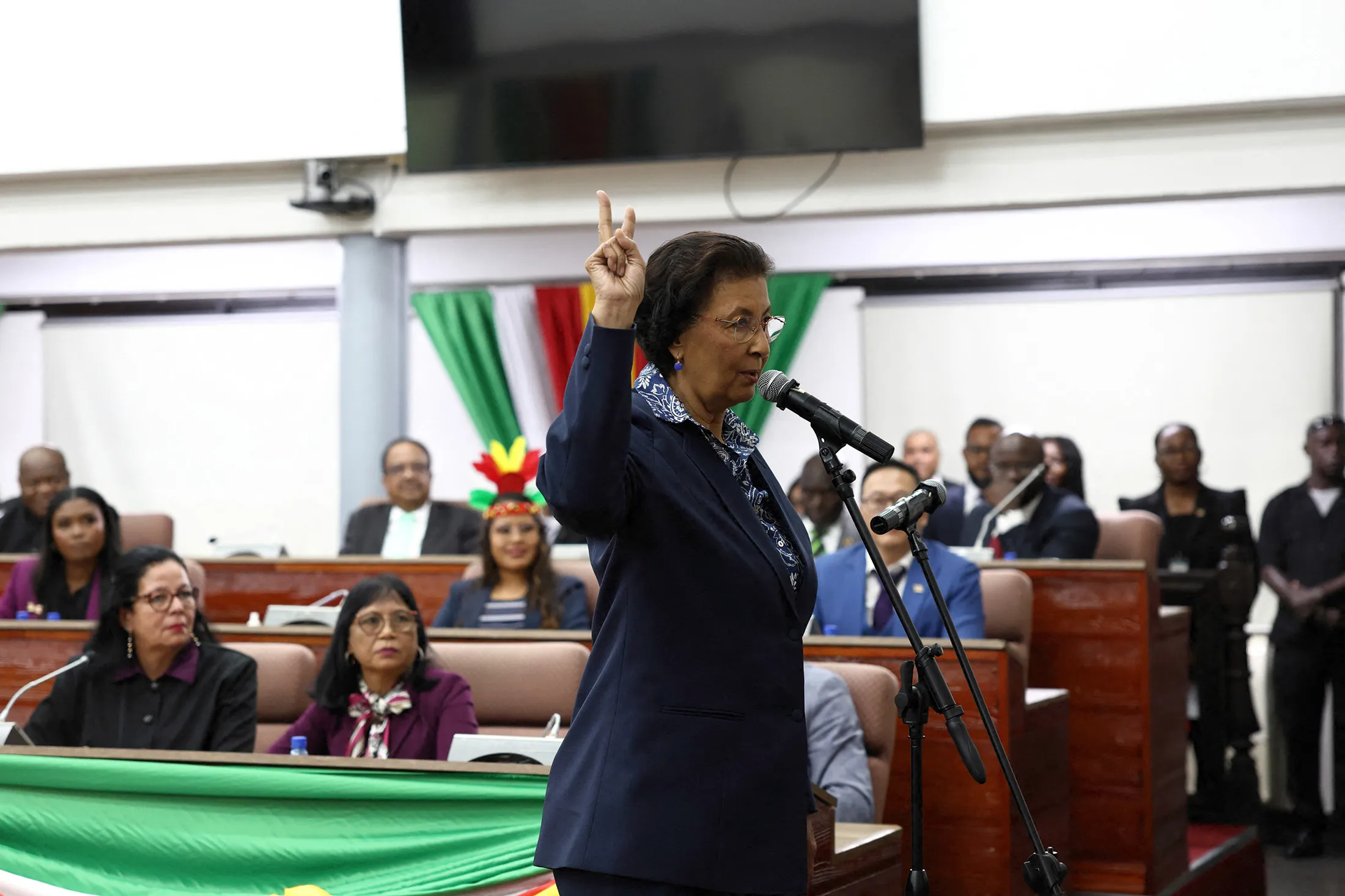Jennifer Geerlings-Simons is sworn in at the National Assembly in Paramaribo, Suriname, on June 29.