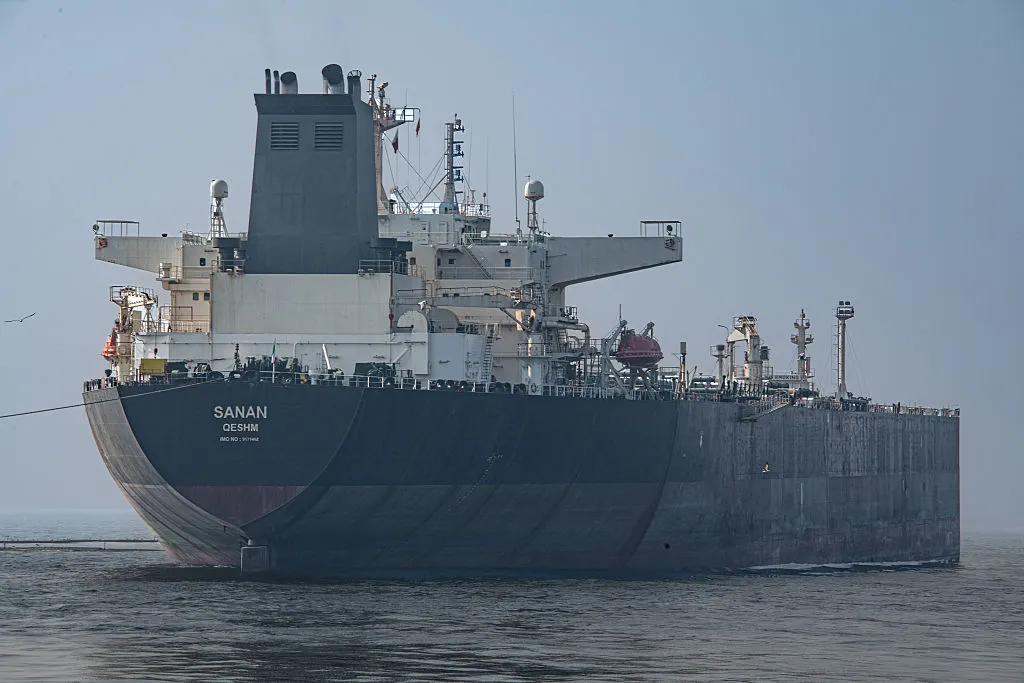 The crude oil tanker, Sanan, in coastal waters near Bandare Asaluyah, Iran, on January 27, 2026.&nbsp;