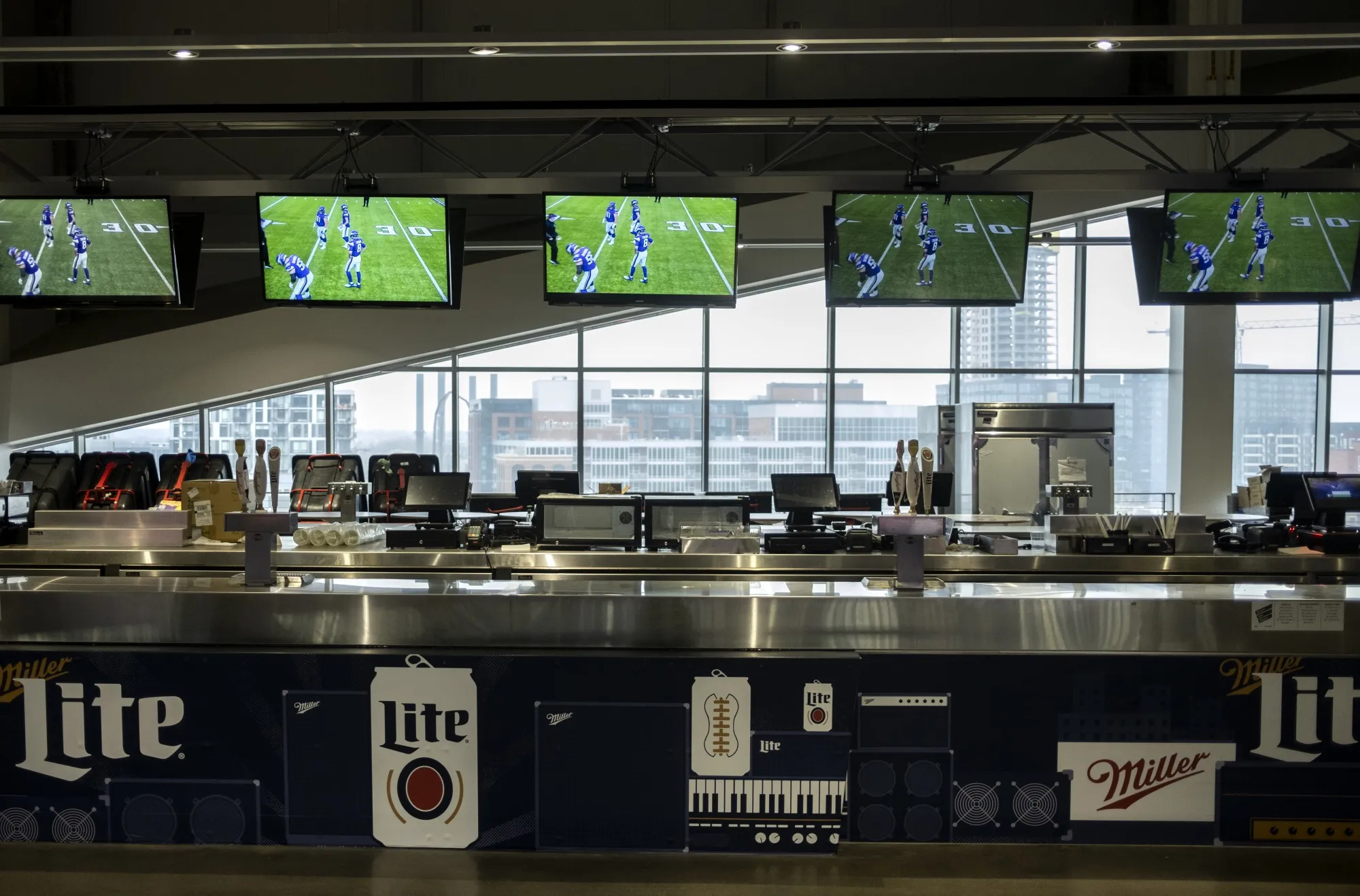 A bar stands empty before a game at U.S. Bank Stadium.