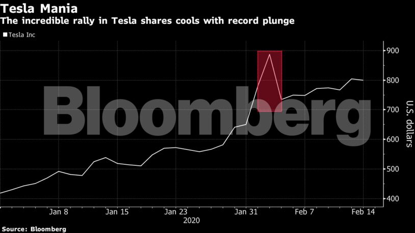 The incredible rally in Tesla shares cools with record plunge