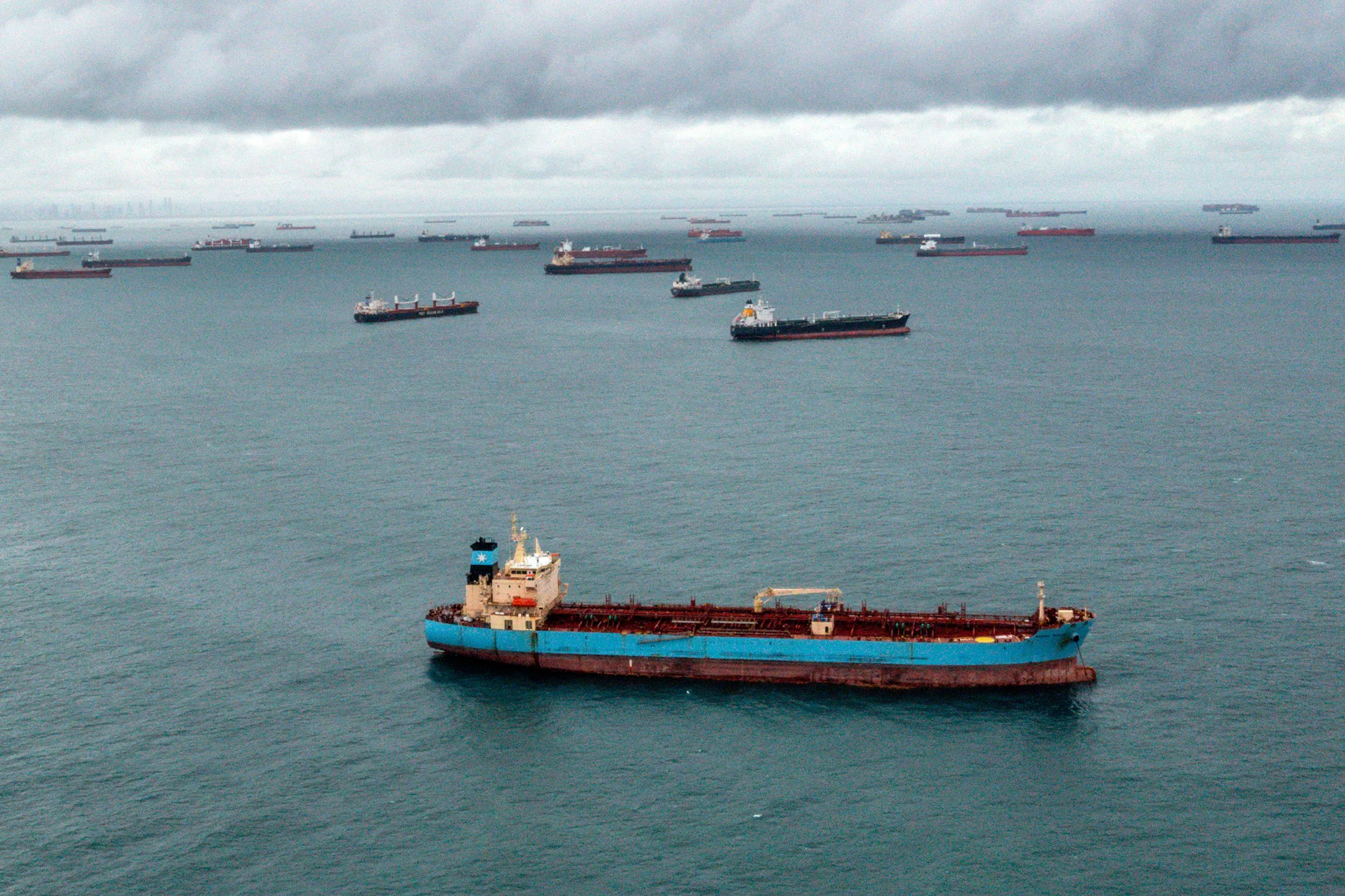 Cargo ships wait at the entrance of the Panama Canal on Aug. 23.