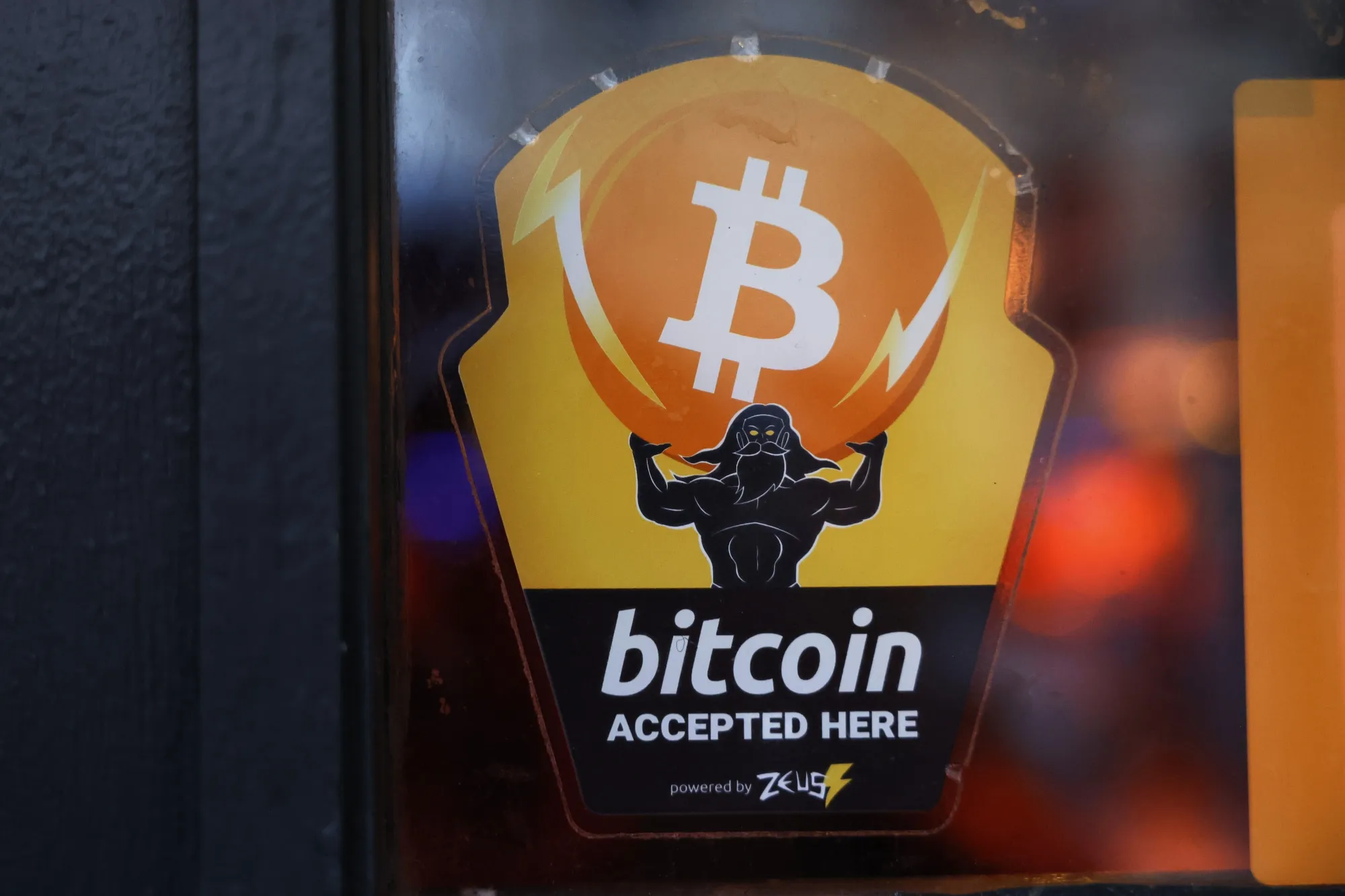 A Bitcoin sign at a bar in&nbsp;New York.