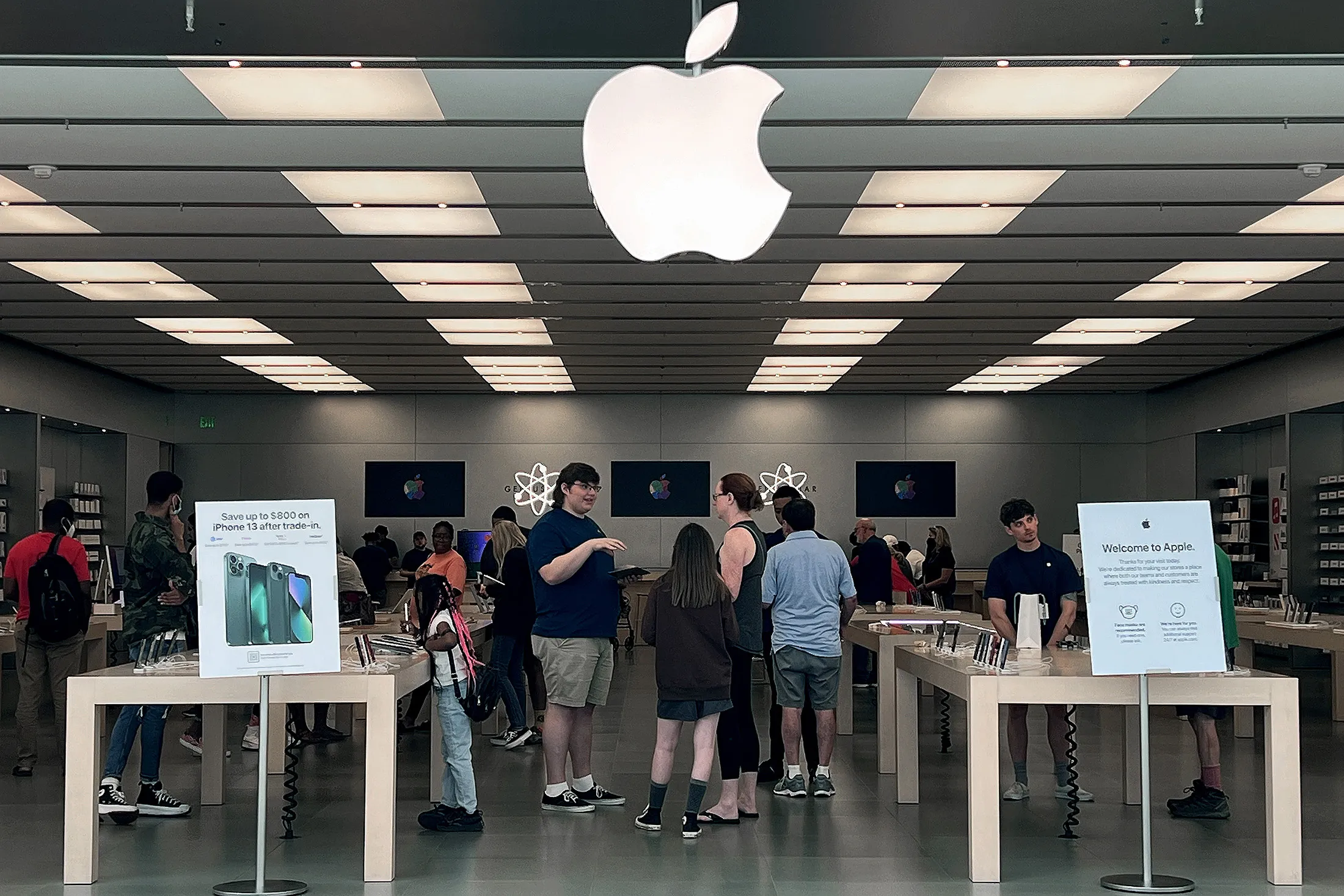 Customers shop at an Apple Store at the Towson Town Center mall, the first of the company’s retail locations in the U.S. where workers voted to unionize, in Townson, Maryland, on June 20.