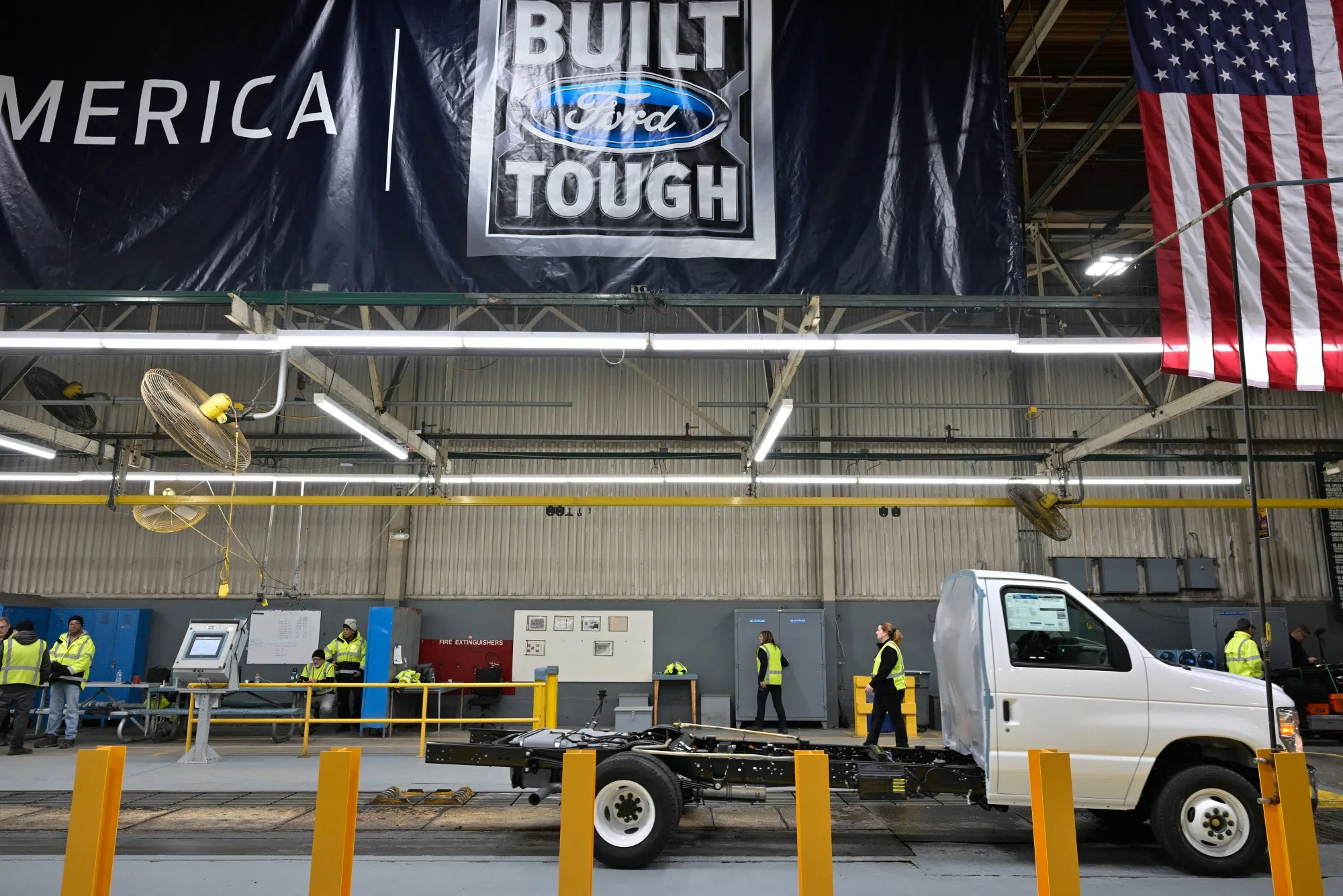 A completed commercial truck rolls off the assembly line at Ford’s Ohio Assembly Plant. Manufacturers will be dogged by questions about the fallout of the war in Iran this earnings season.