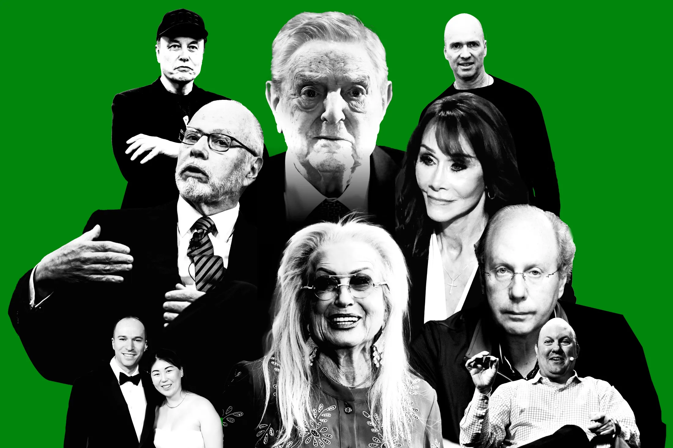 Clockwise from top left: Elon Musk, George Soros, Ben Horowitz, Diane Hendricks, Jeff Yass, Marc Andreessen, Miriam Adelson, Greg and Anna Brockman, and Paul Singer&nbsp;