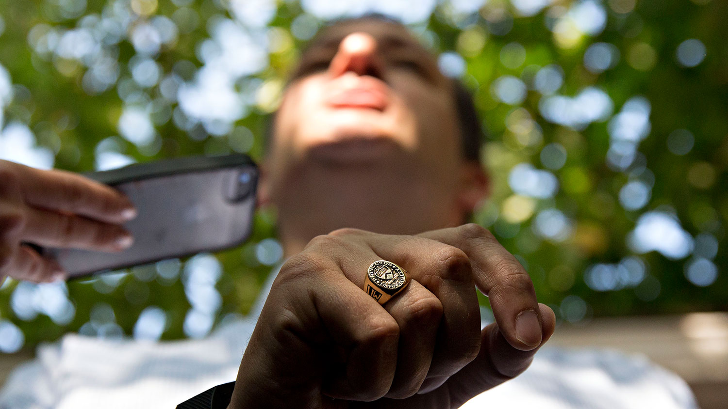 Senator Ted Cruz wears a Princeton University ring as he speaks to the media during the Iowa State Fair in Des Moines on Aug. 21, 2015.
