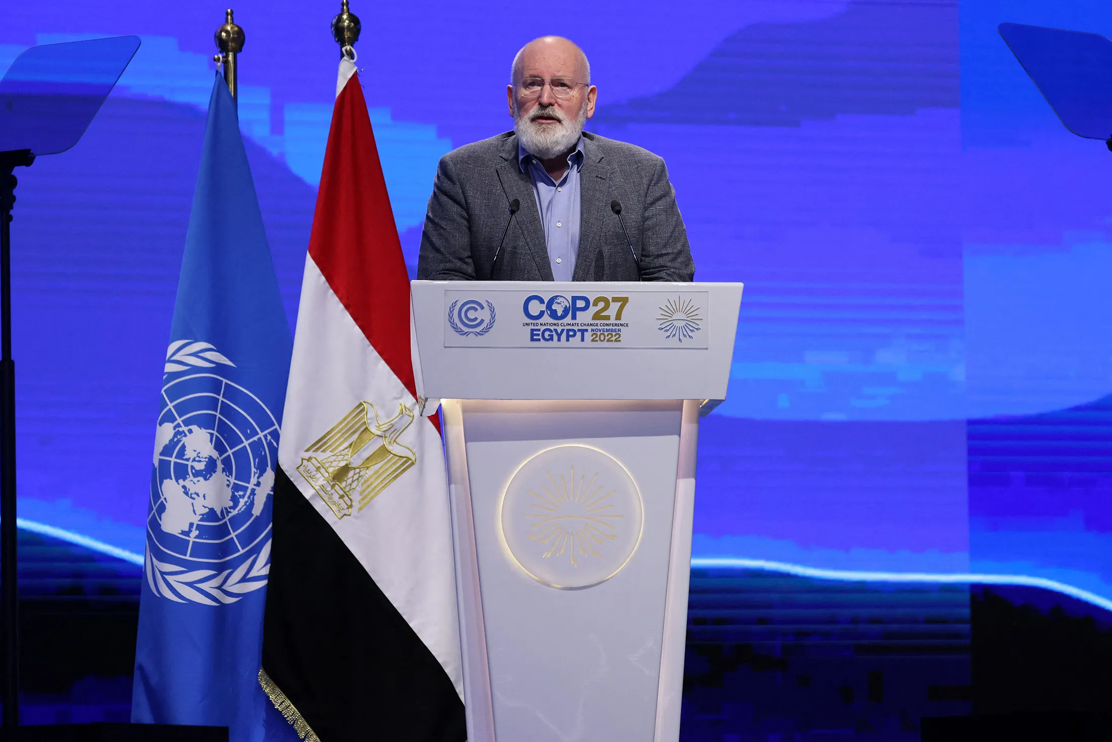 Frans Timmermans delivers a speech at the COP27 climate conference in Sharm el-Sheikh, Egypt, on Nov. 15.