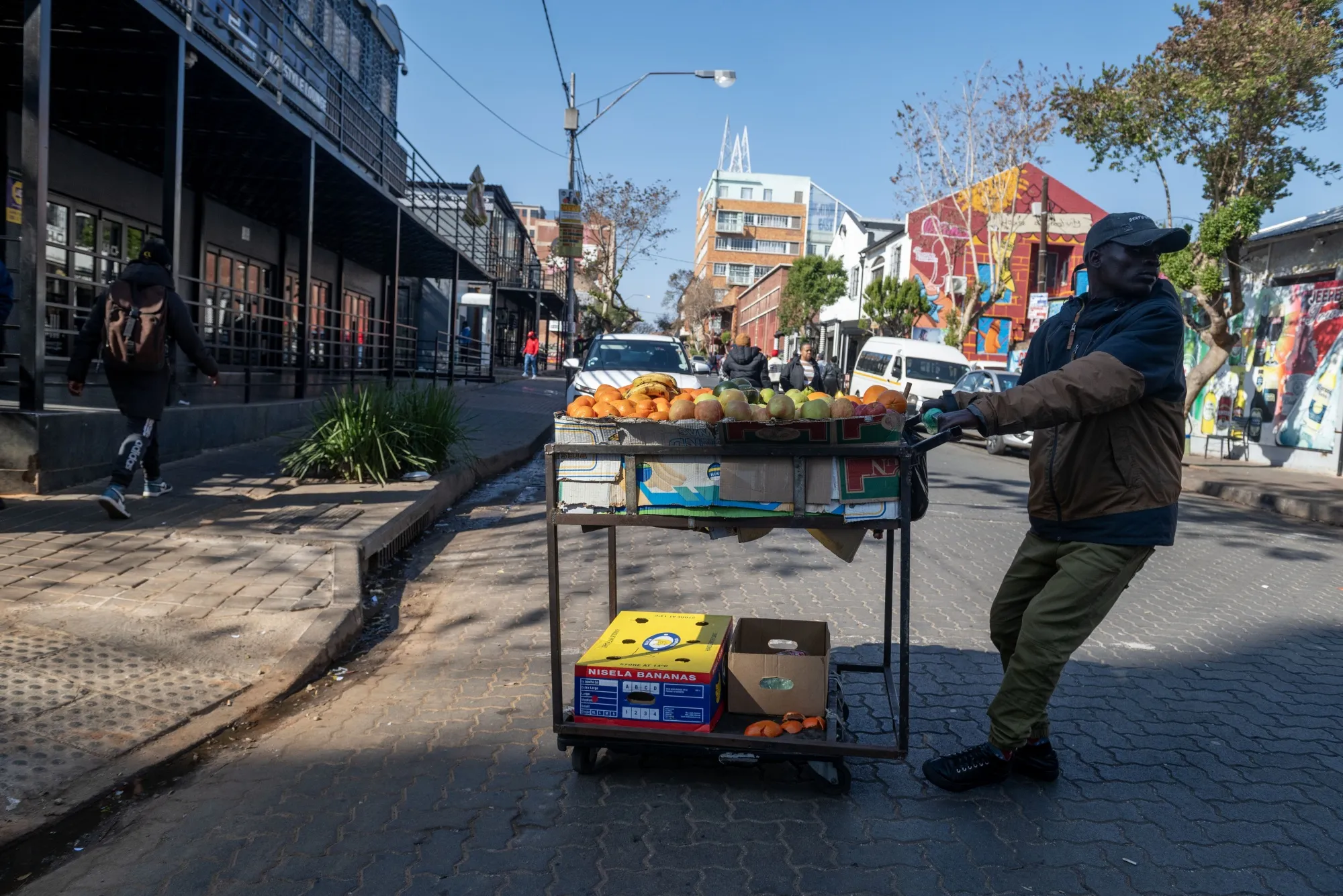 A street vendor pulls a cart of fruit in Johannesburg.