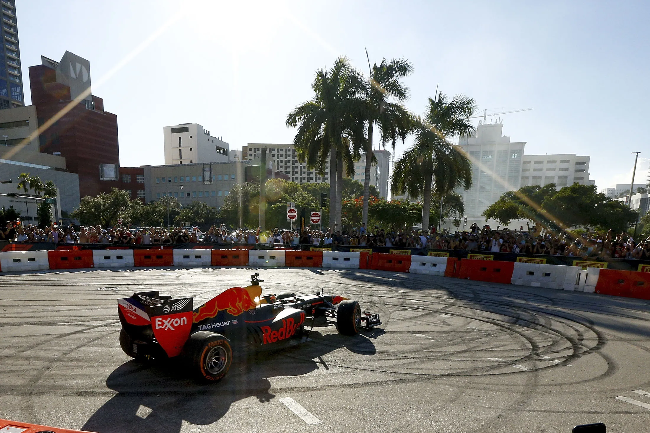 Red Bull Racing driver Patrick Friesacher does doughnuts during the F1 Festival at Bayfront Park on Oct. 20, 2018, in Miami. The event was meant to drum up interest and awareness of Formula One racing in the U.S. The&nbsp;2022 Miami Grand Prix takes place May 6-8 at the Miami International Autodrome in Miami Gardens, Fla.