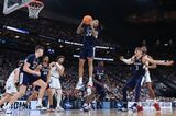 Jordan Hawkins&nbsp;of the Connecticut Huskies rebounds a ball against the Gonzaga Bulldogs in the NCAA Men's Basketball Tournament.