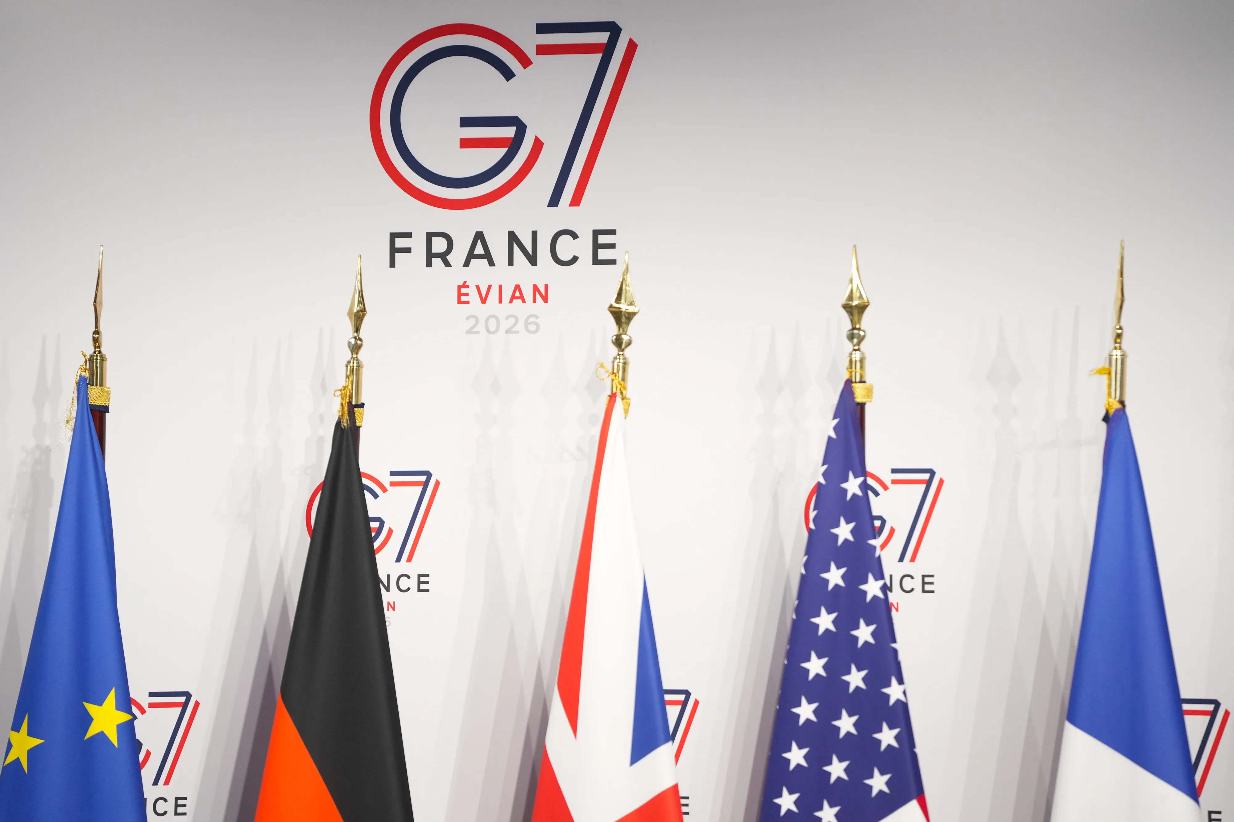 National flags of countries participating in the G7&nbsp;in Paris on Feb. 3.