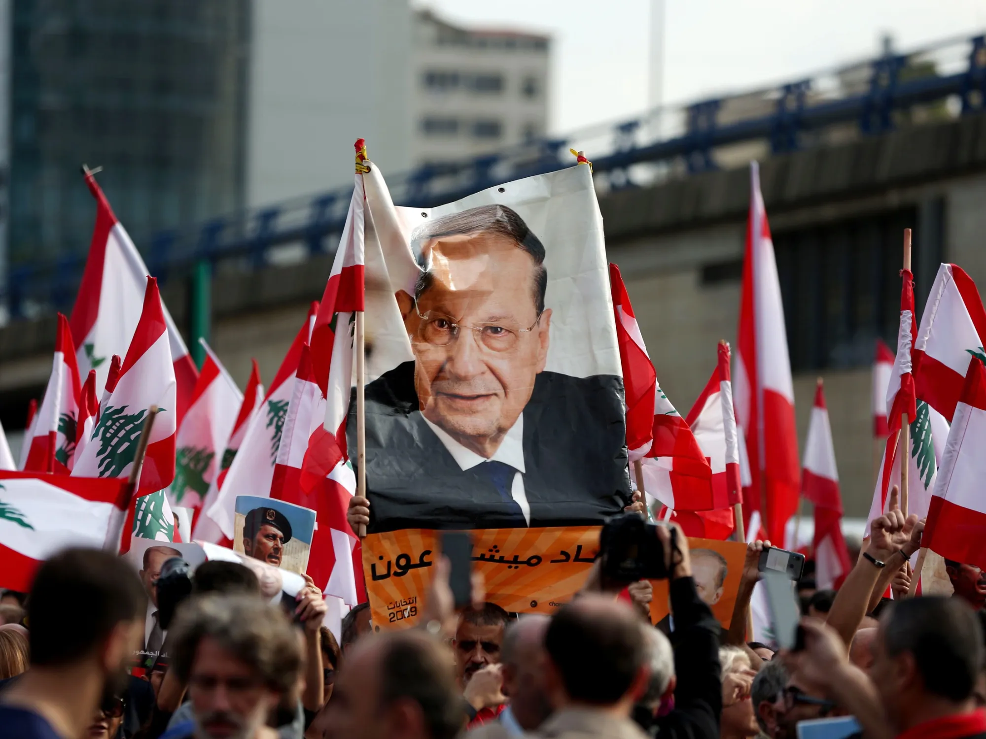 Michel Aoun&nbsp;supporters&nbsp;during a protest in Beirut in October.