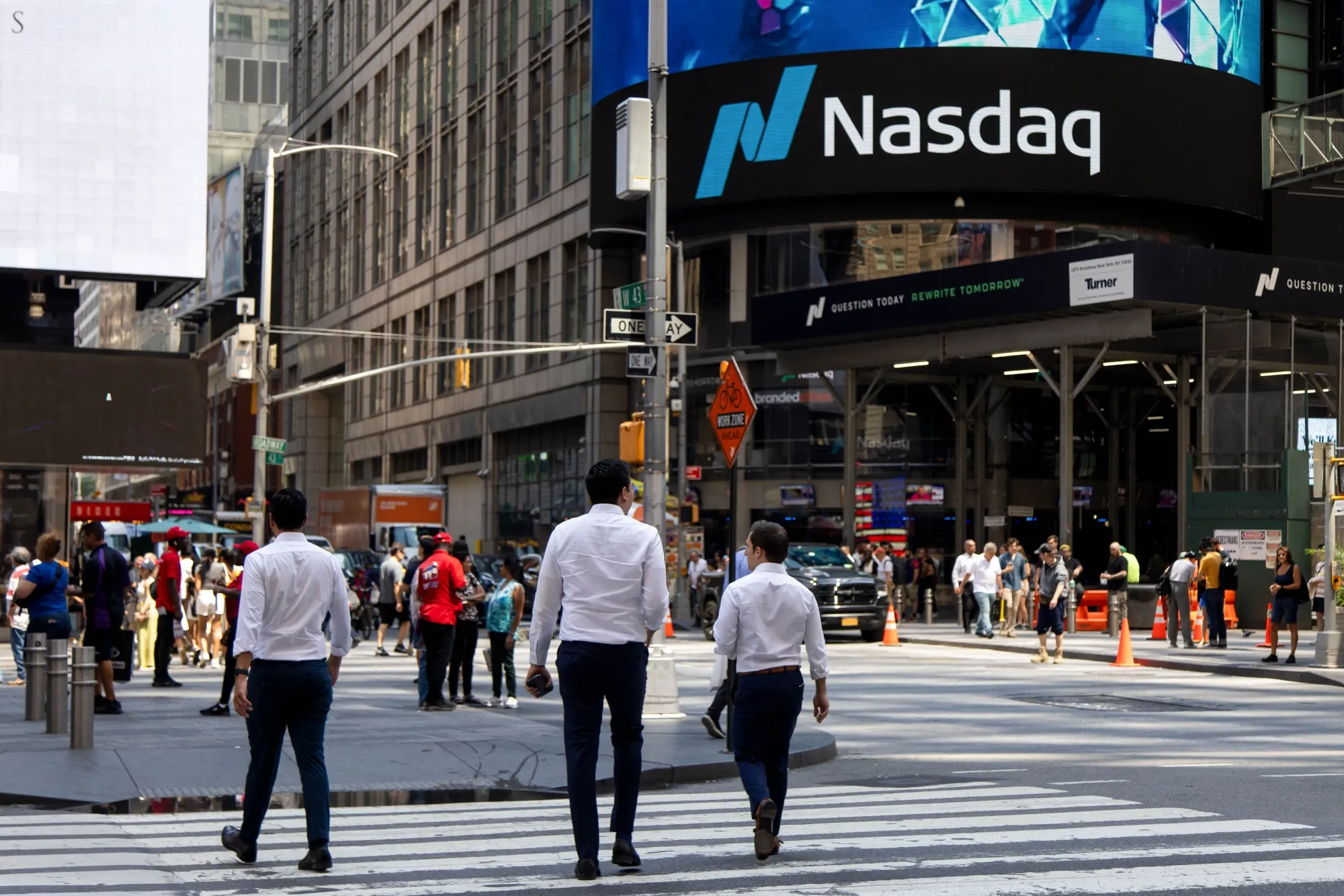 The Nasdaq MarketSite in New York on&nbsp;Aug. 5.