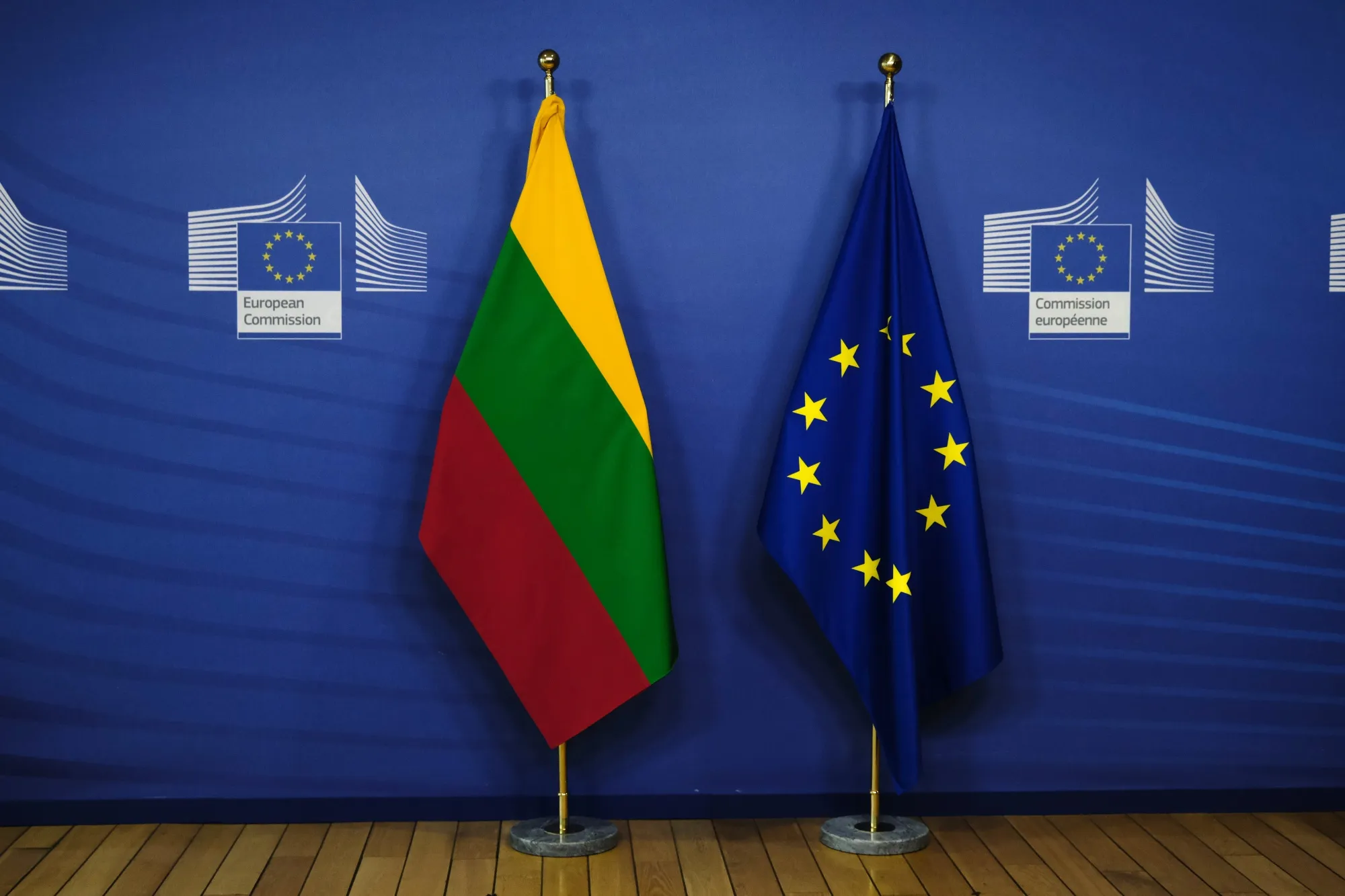 A Lithuanian national flag and a European Union flag in Brussels, Belgium.