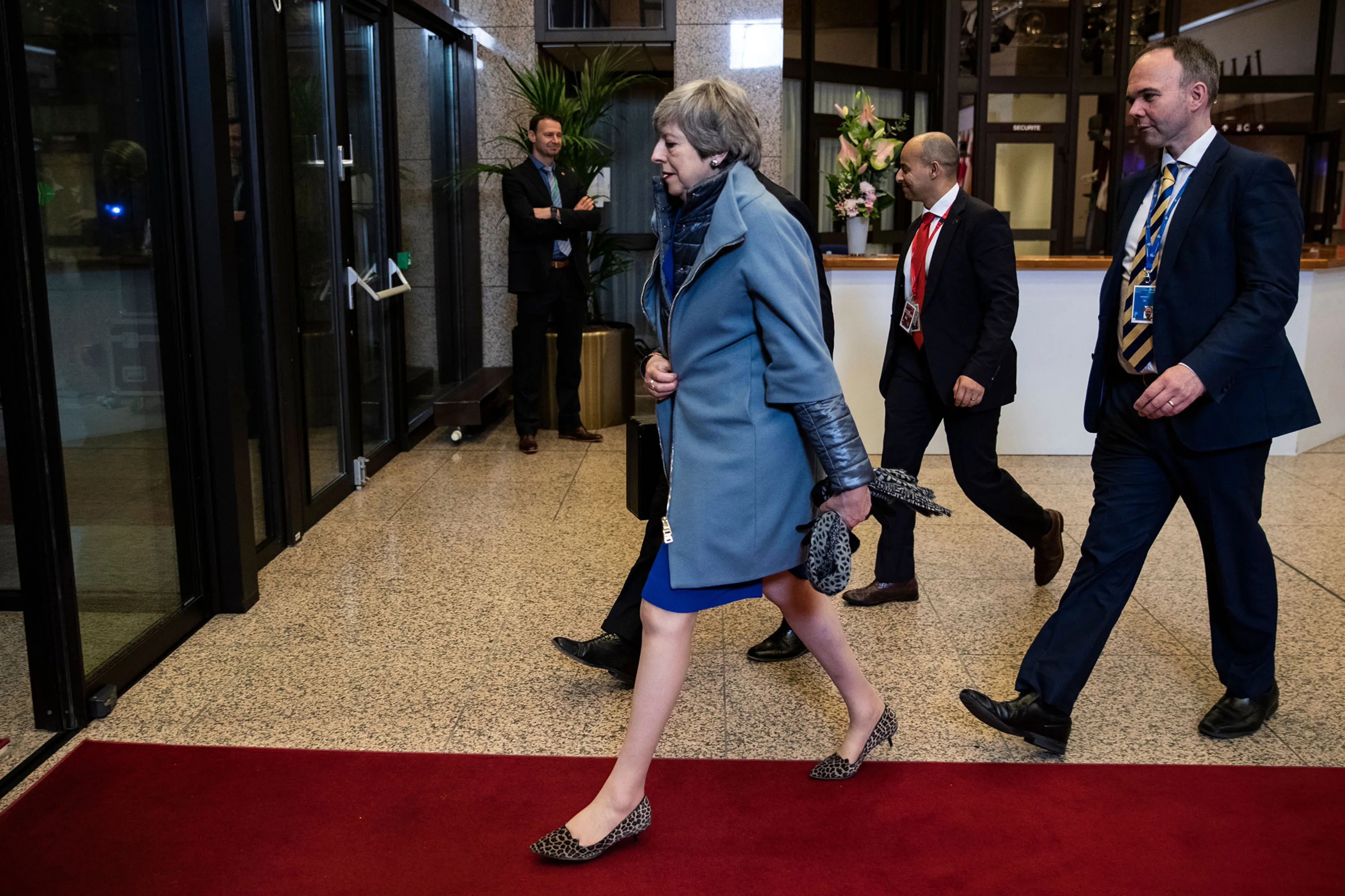 British Prime Minister Theresa May leaves a European Council meeting in Brussels on April 11.