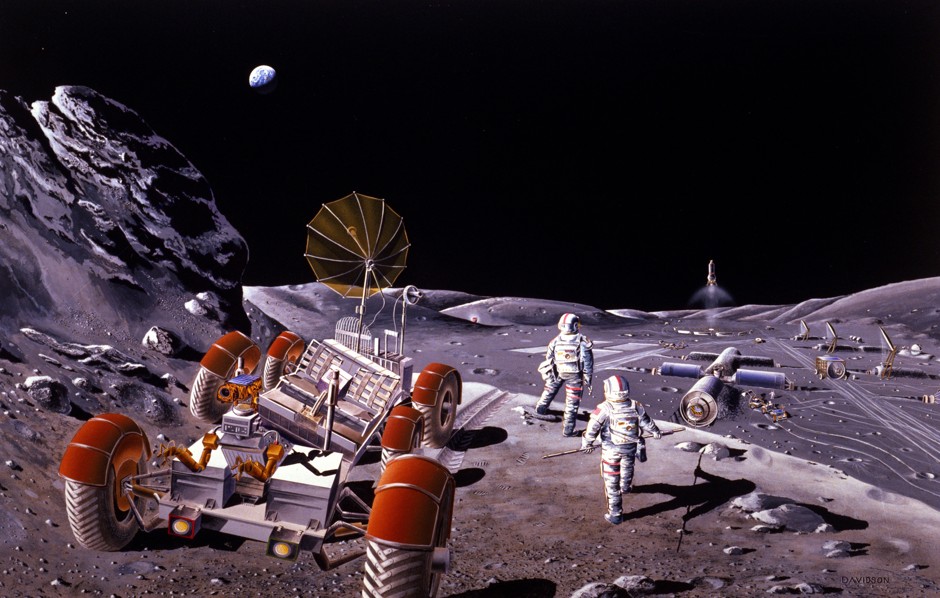 A NASA rendering of a long-term lunar base with rover from 1986.