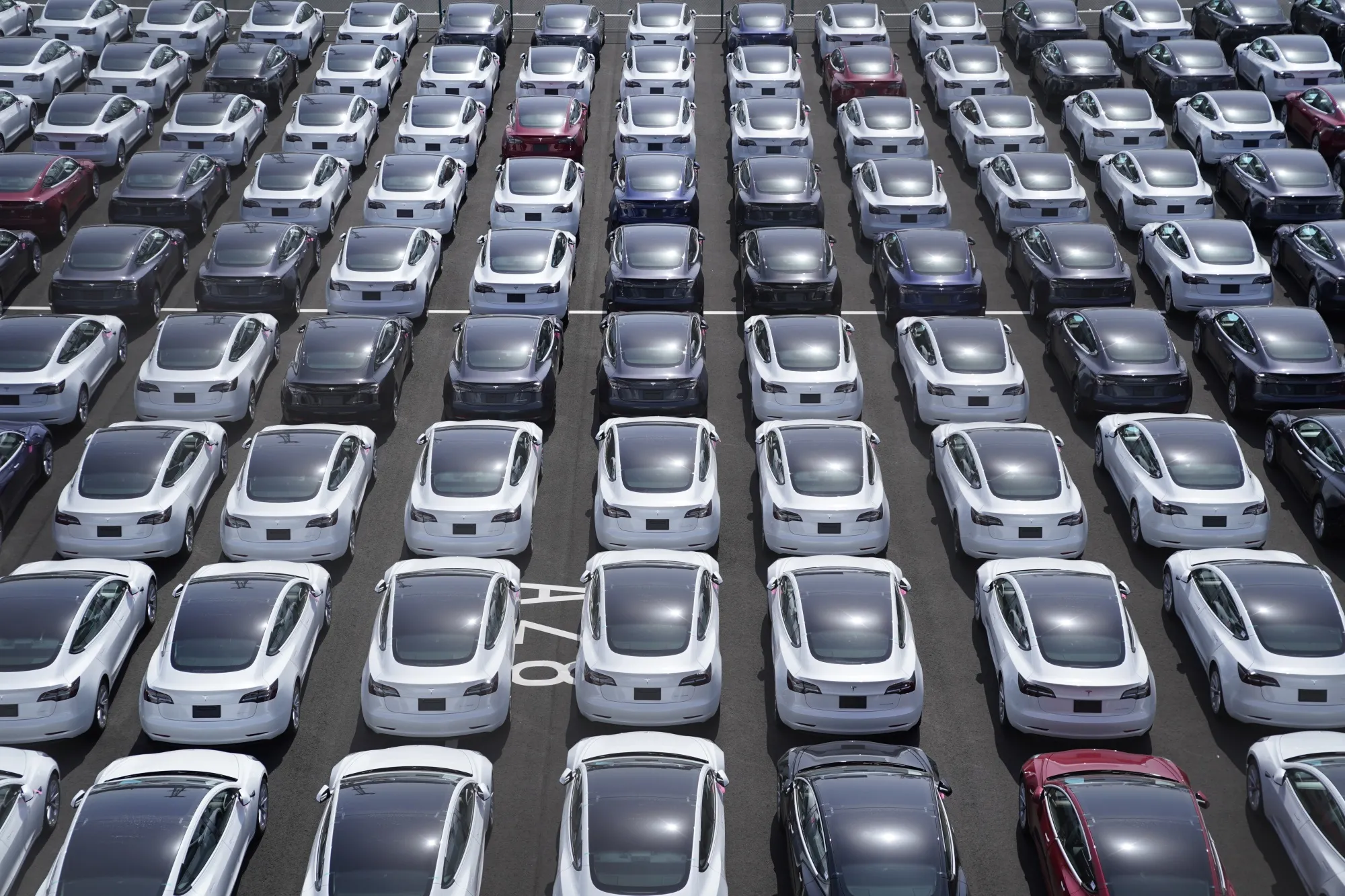 Tesla vehicles in a parking lot after arriving at a port in Yokohama, Japan.
