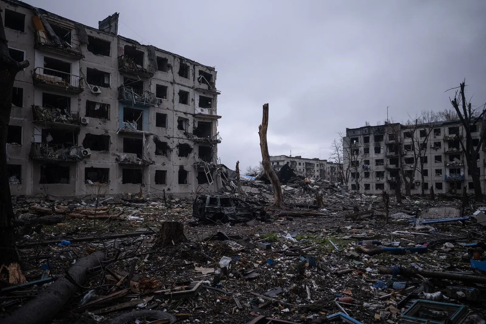 Destroyed buildings in the frontline town of Kostyantynivka