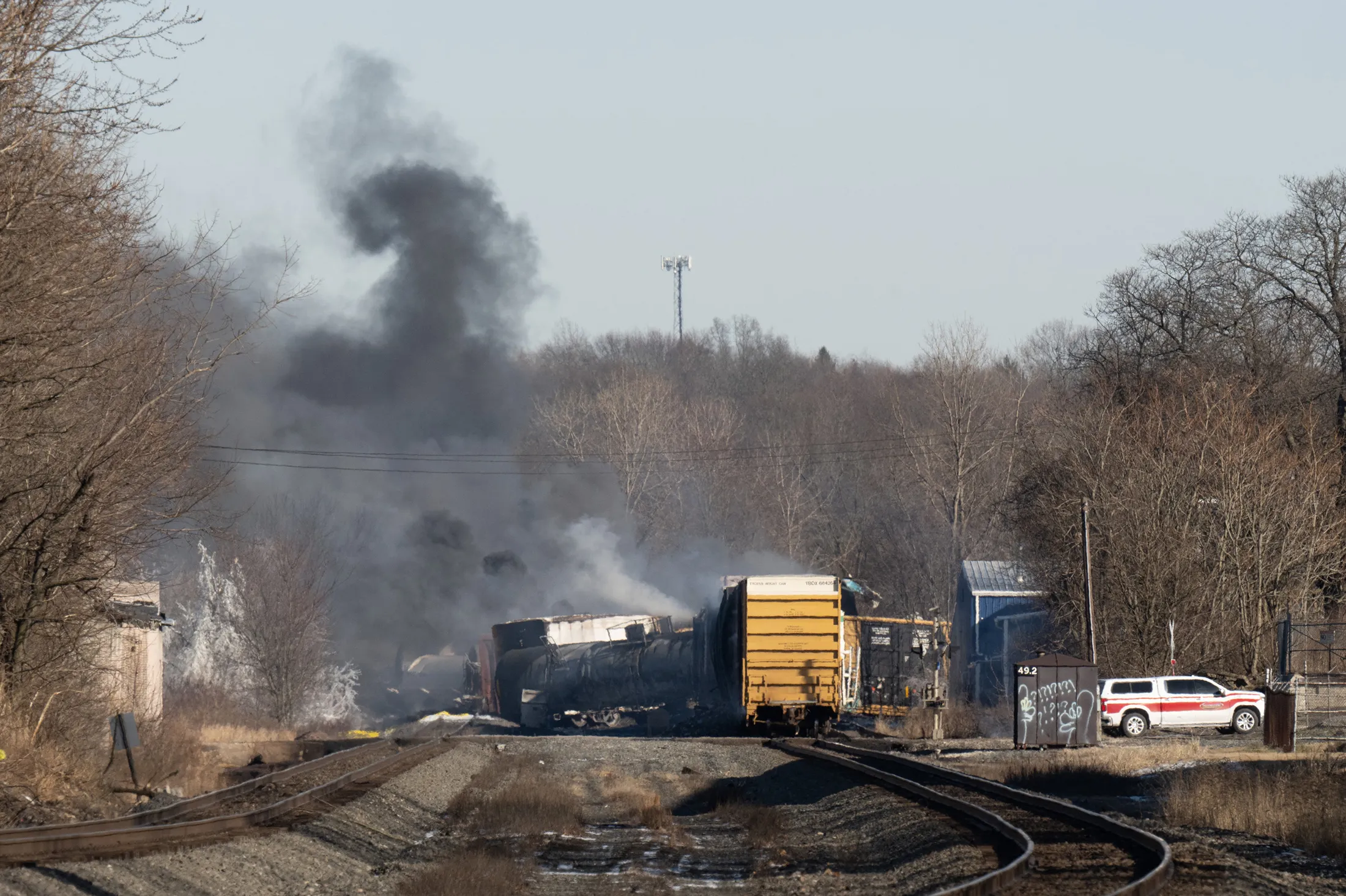 Smoke rises from a derailed cargo train in East Palestine, Ohio, on Feb. 4.