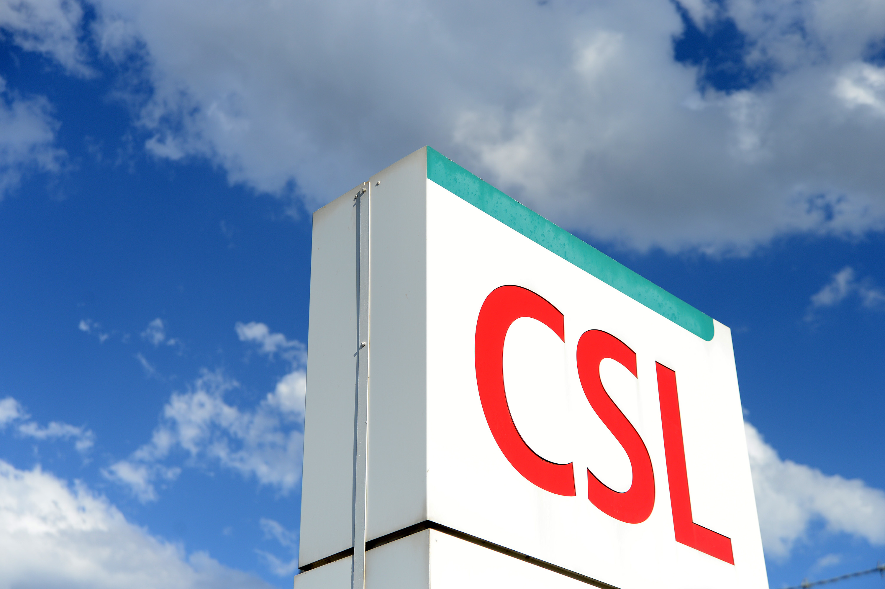 The CSL Ltd. logo on the CSL Behring plasma processing facility in Melbourne.