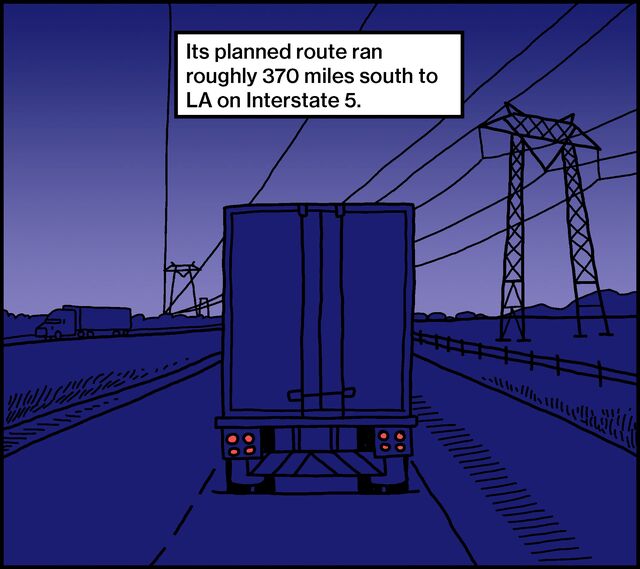 Its planned route ran roughly 370 miles south to LA on Interstate 5.