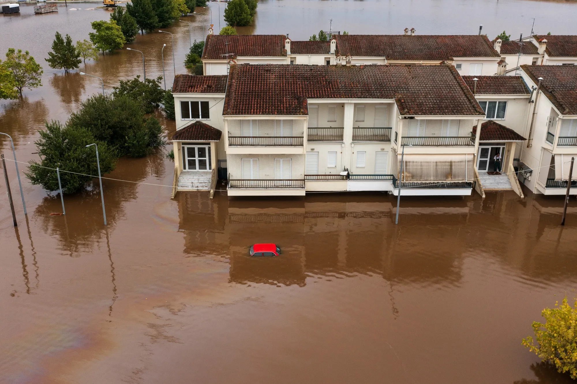 Floodwaters following heavy rains caused by Storm Daniel in Farkadona, Greece.