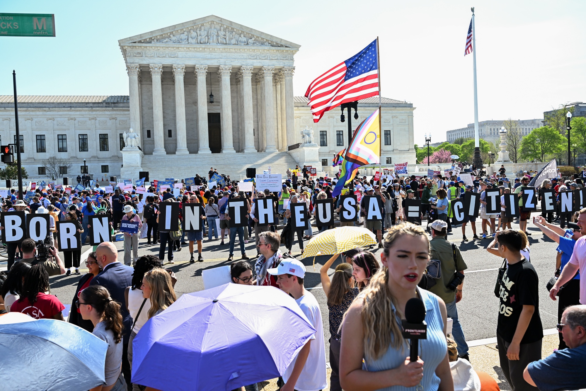 Demonstrators outside the US Supreme Court in Washington on April 1. Photographer: Graeme Sloan/Bloomberg