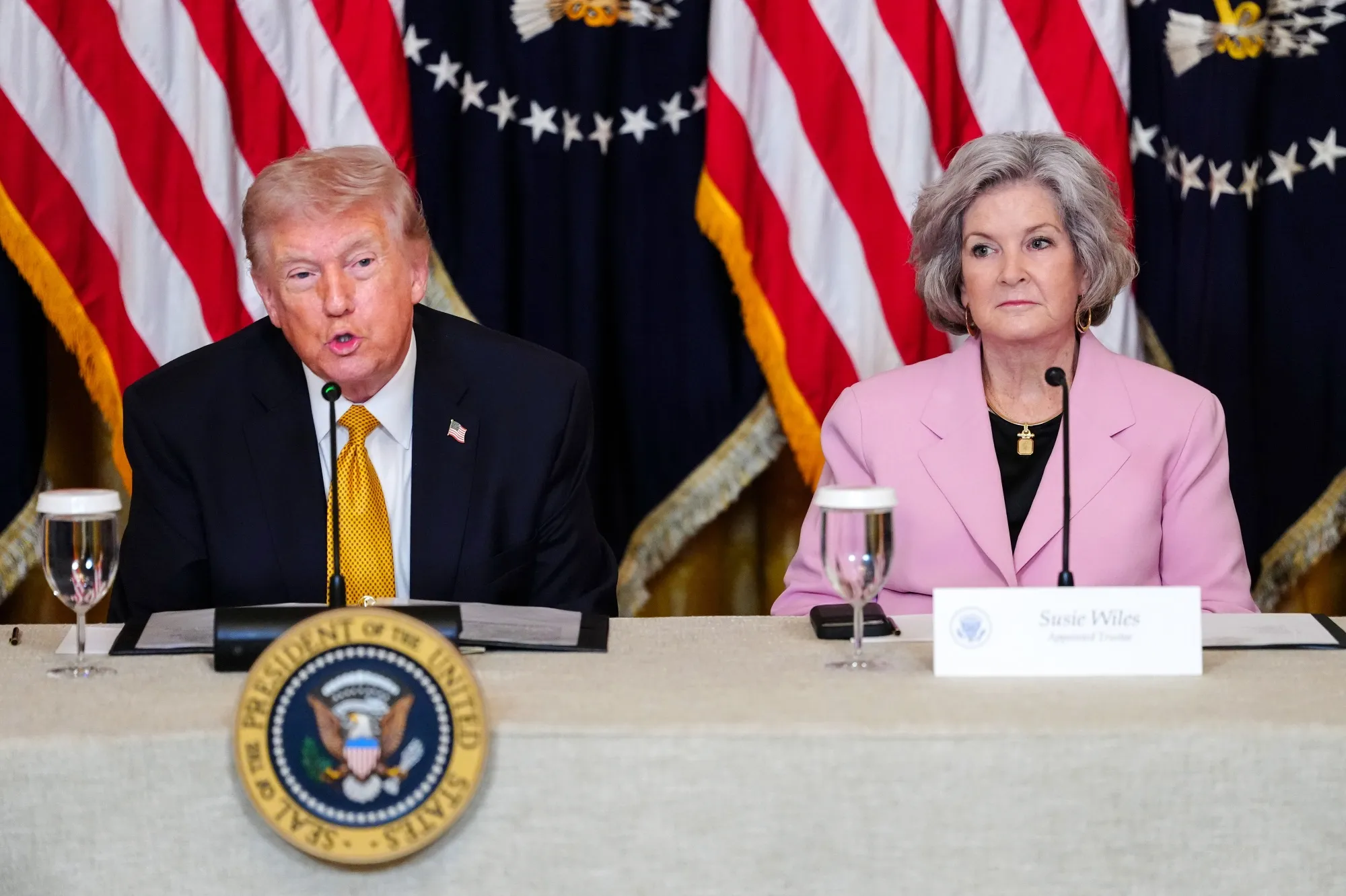 President Donald Trump and White House chief of staff Susie Wiles during a meeting on March 16.