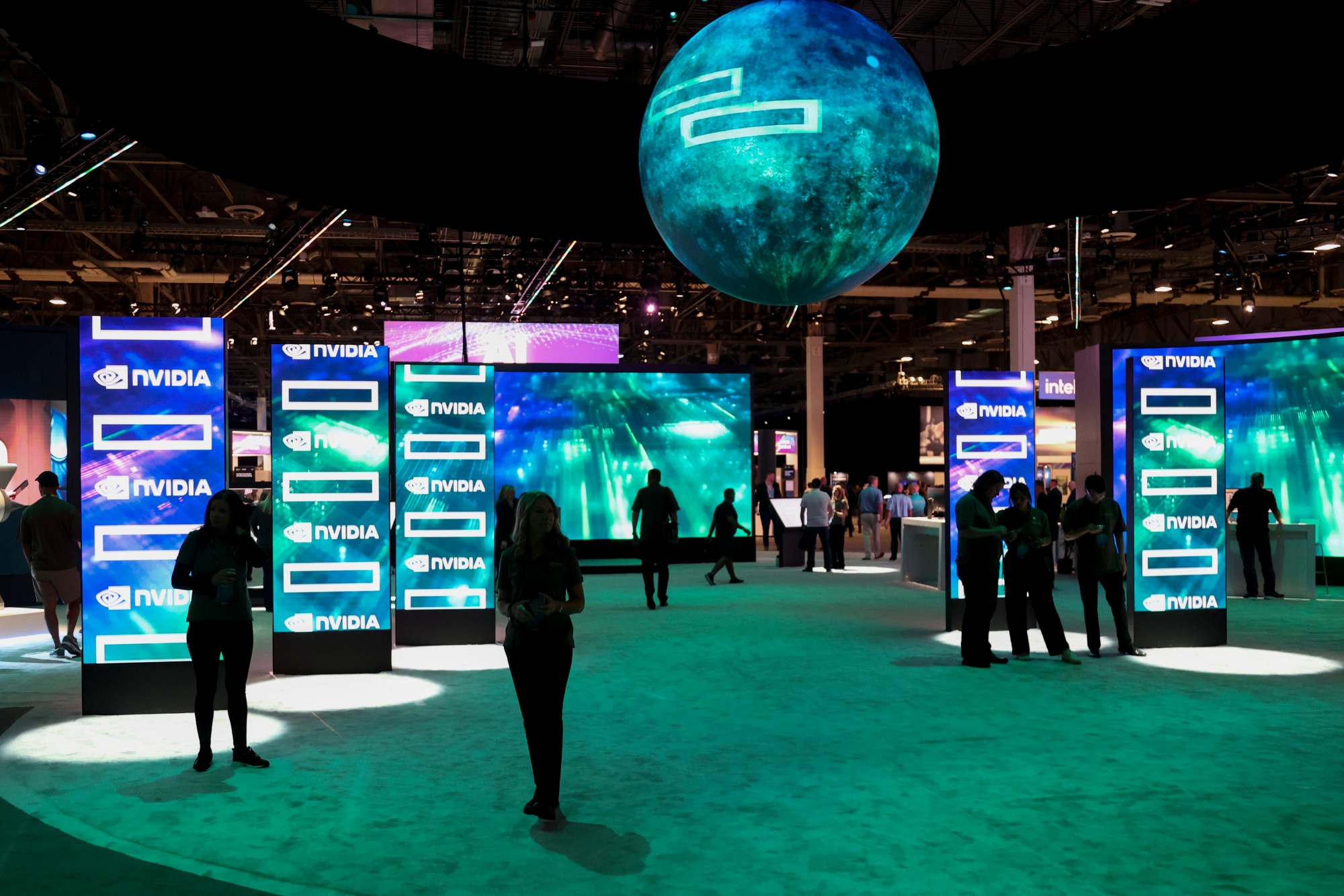 Tech company displays at the HPE Discover event in Las Vegas.