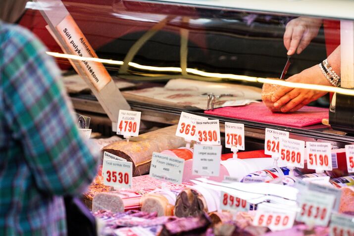 A butchers stall at the Great Market Hall food market in Budapest.