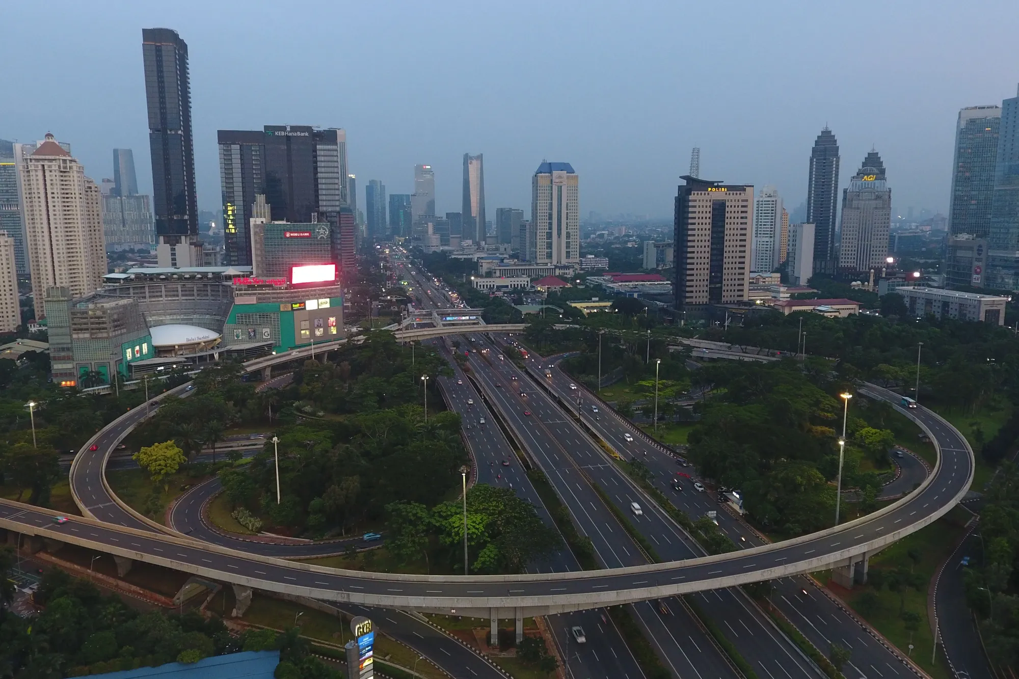 Vehicles travel along a road in the central business district&nbsp;during a partial lockdown imposed due to the coronavirus in this aerial photograph taken in Jakarta, on May 13.