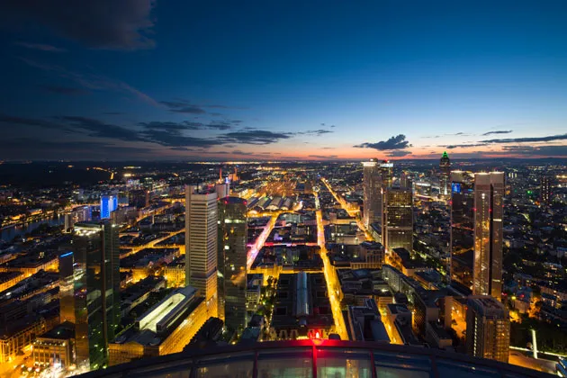 Elevated view of Frankfurt at night